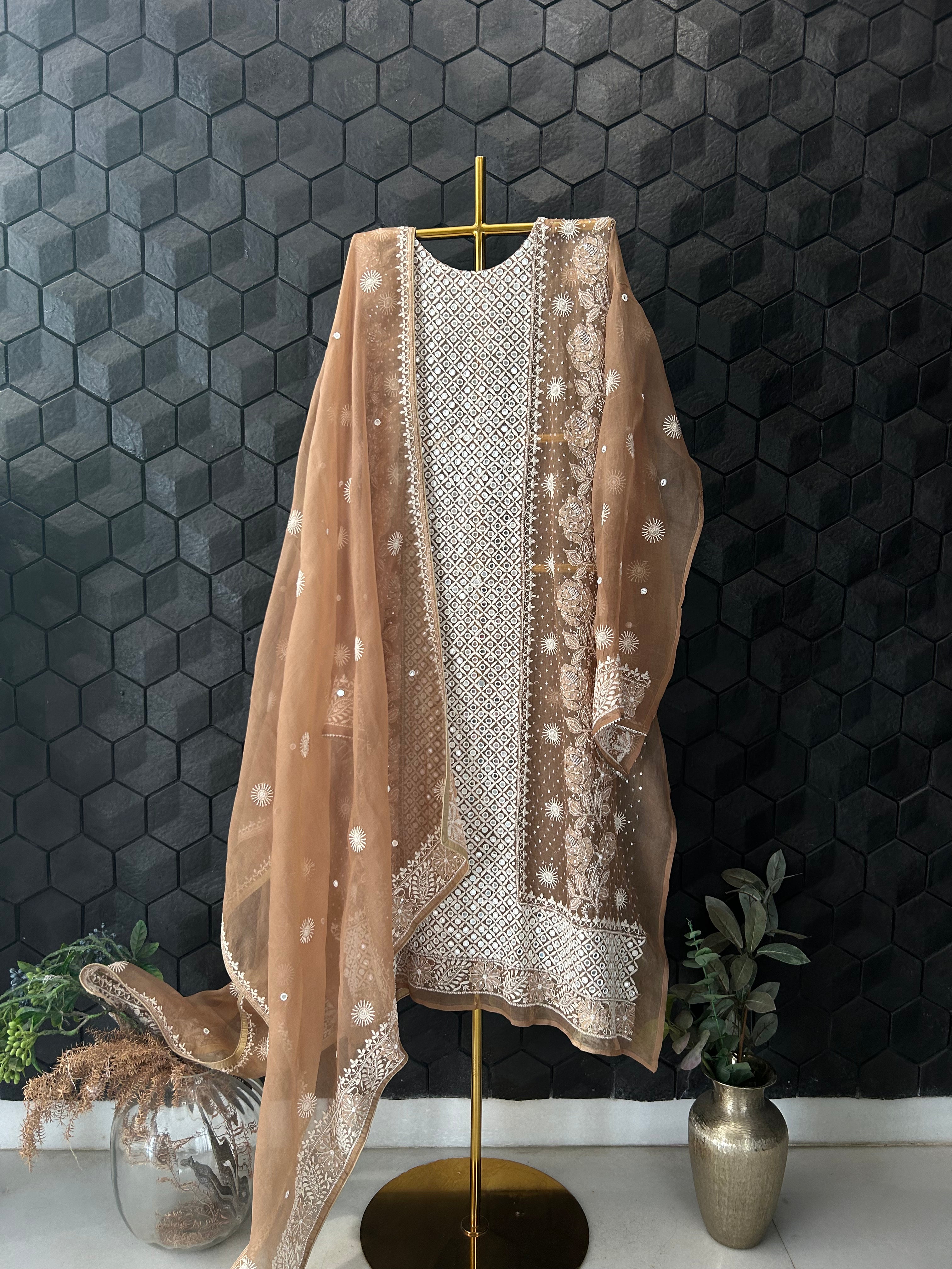 Brown Organza Chikankari Kurta Set