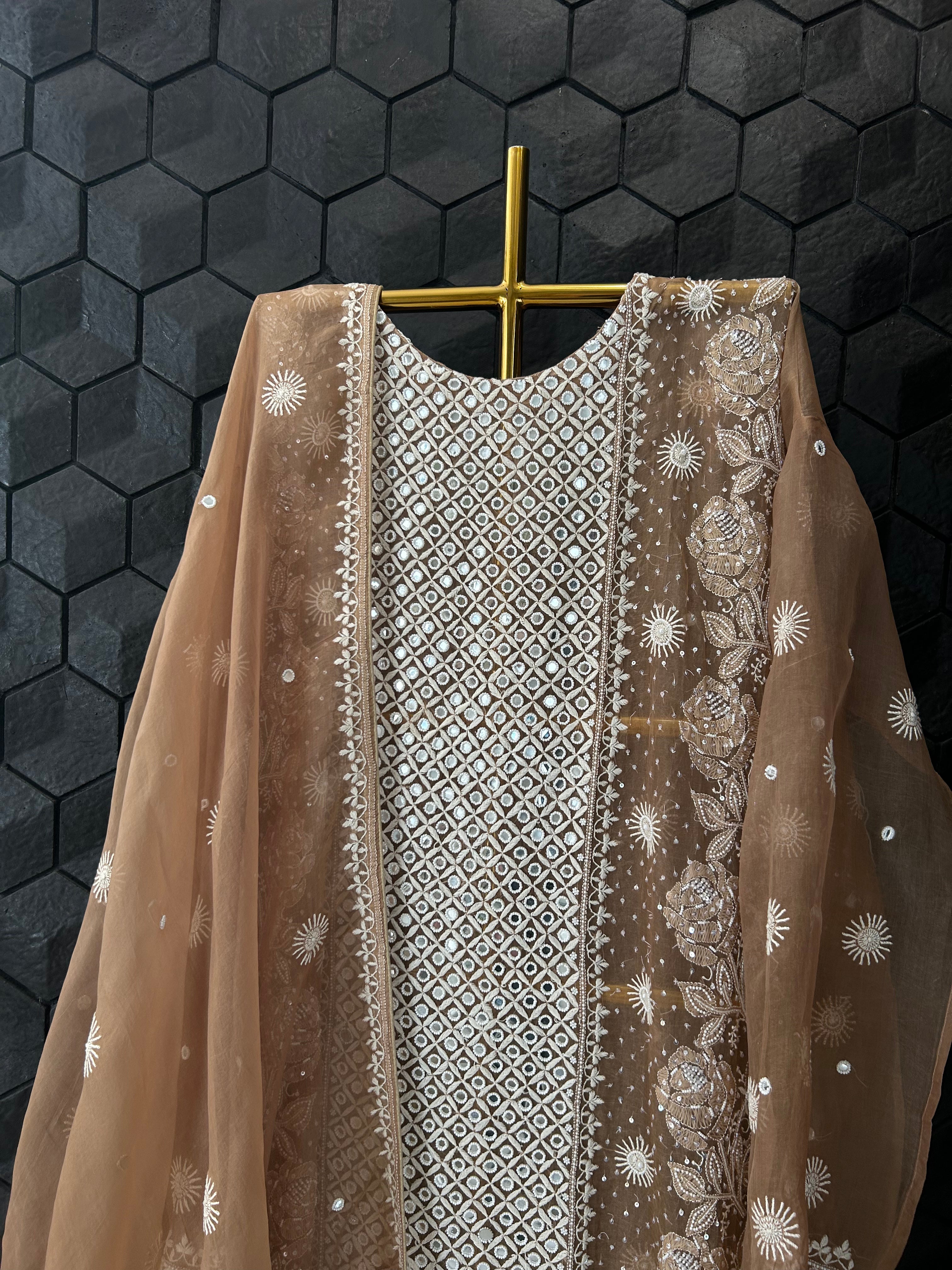 Brown Organza Chikankari Kurta Set