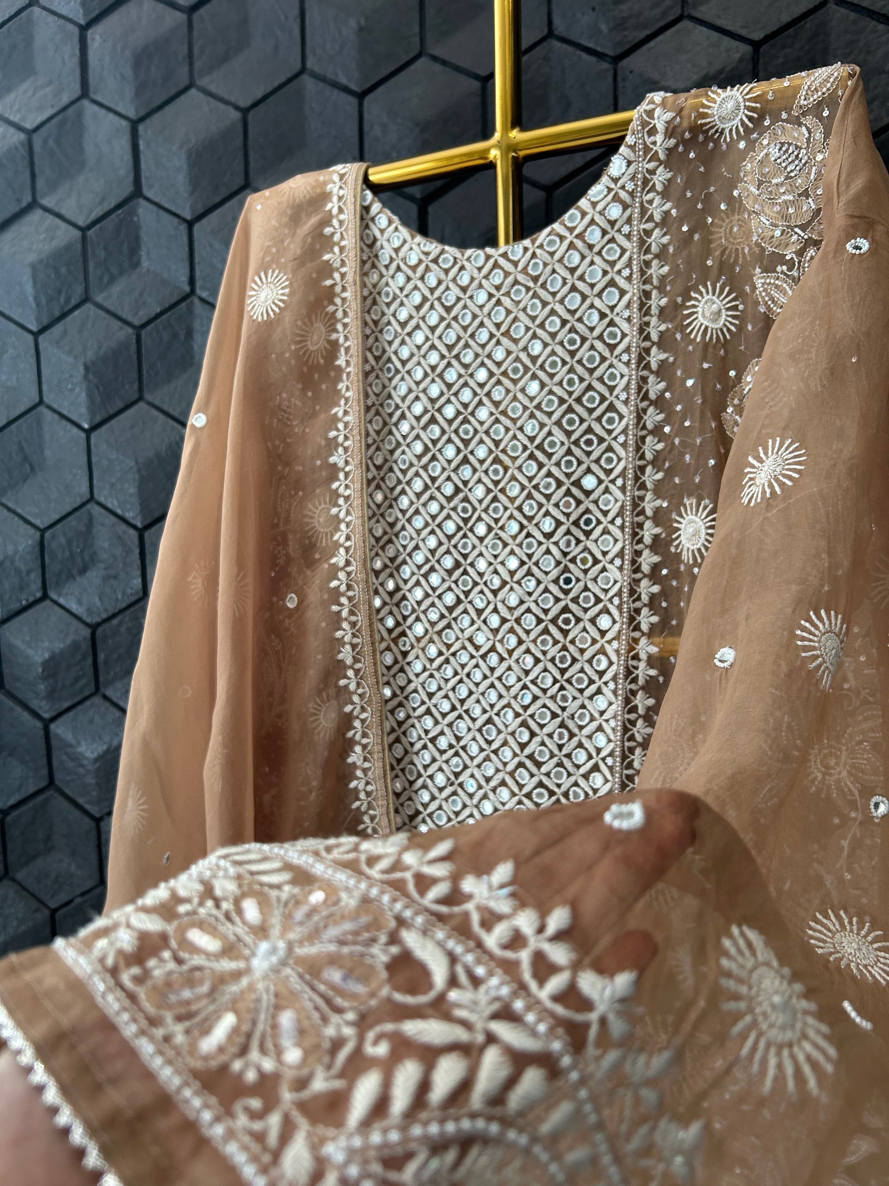 Brown Organza Chikankari Kurta Set