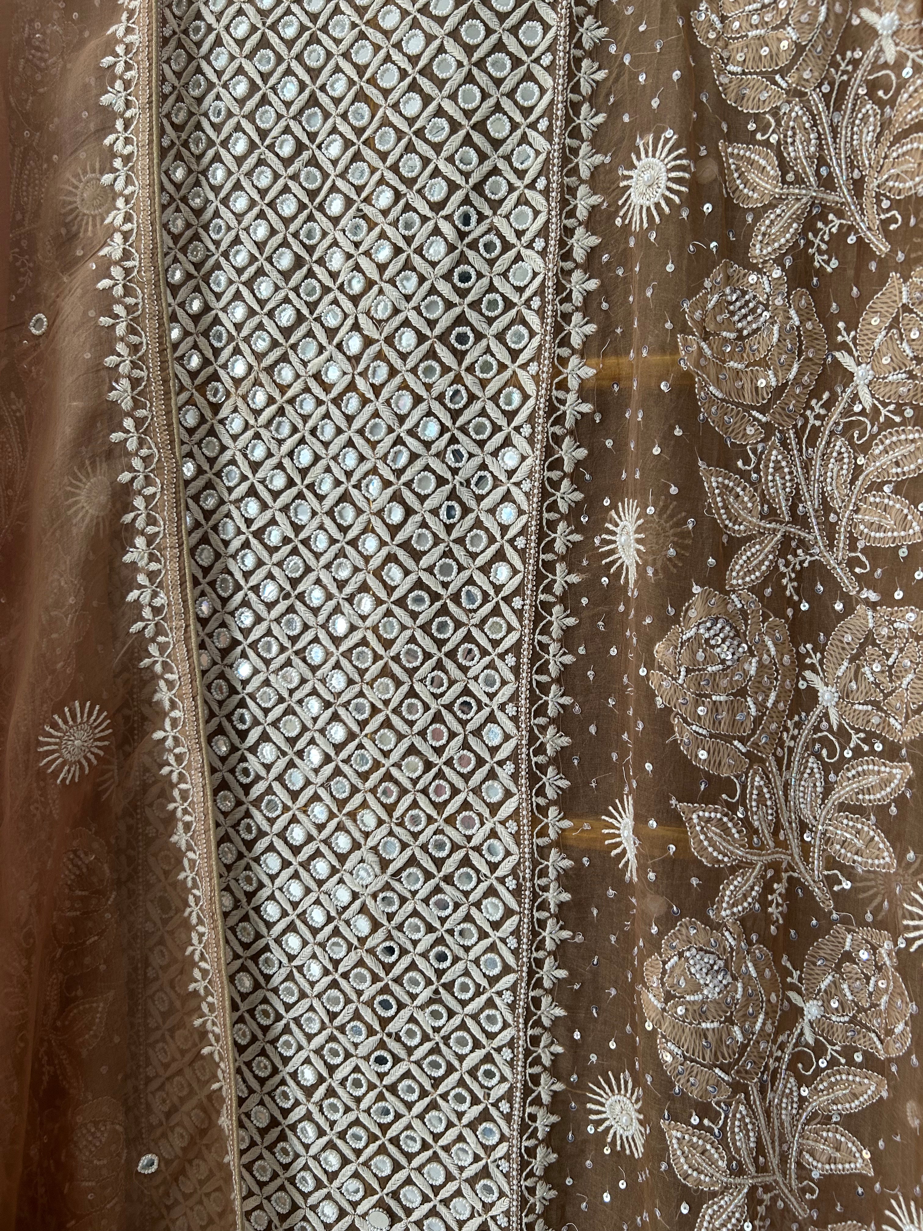 Brown Organza Chikankari Kurta Set