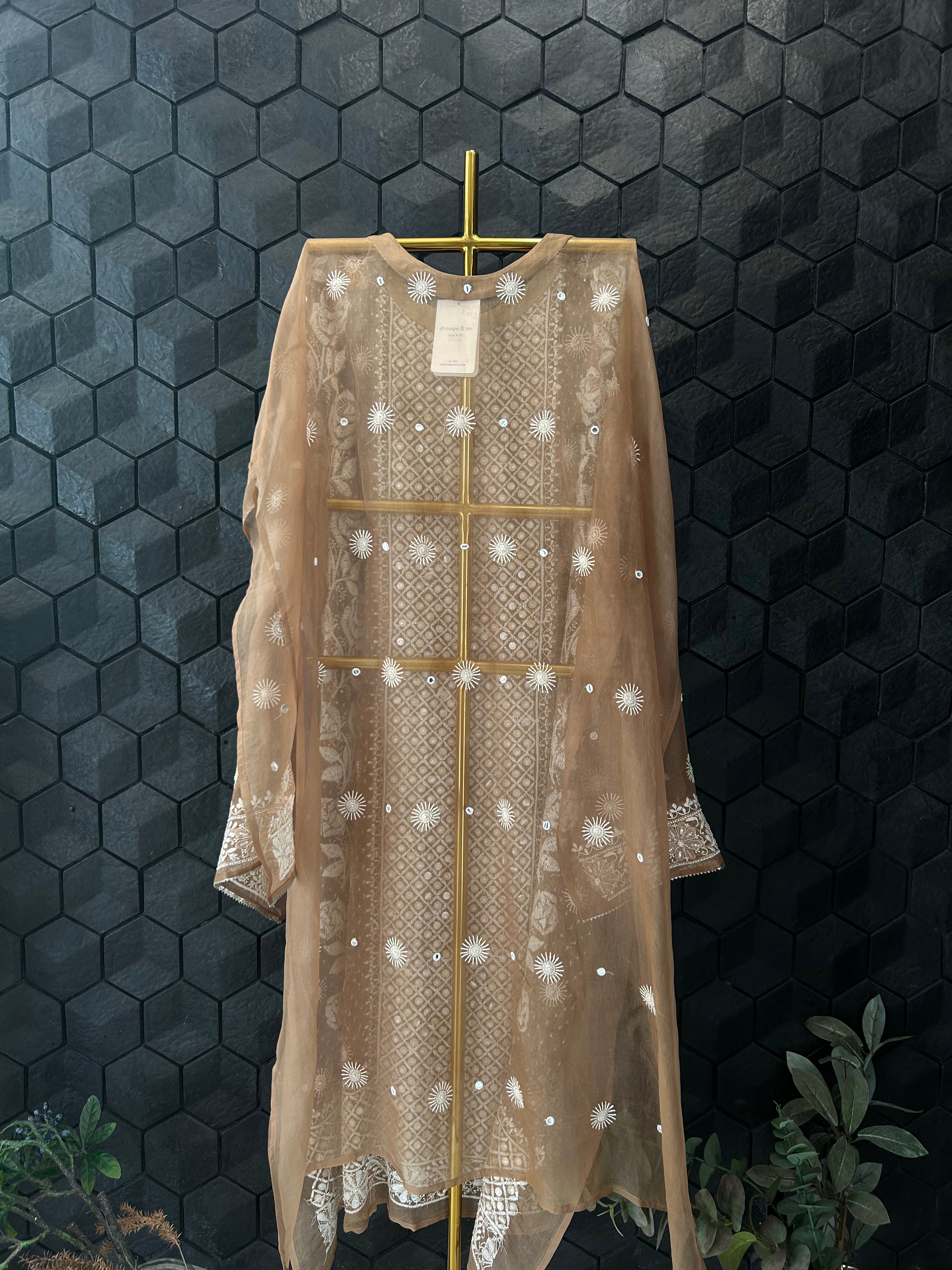 Brown Organza Chikankari Kurta Set