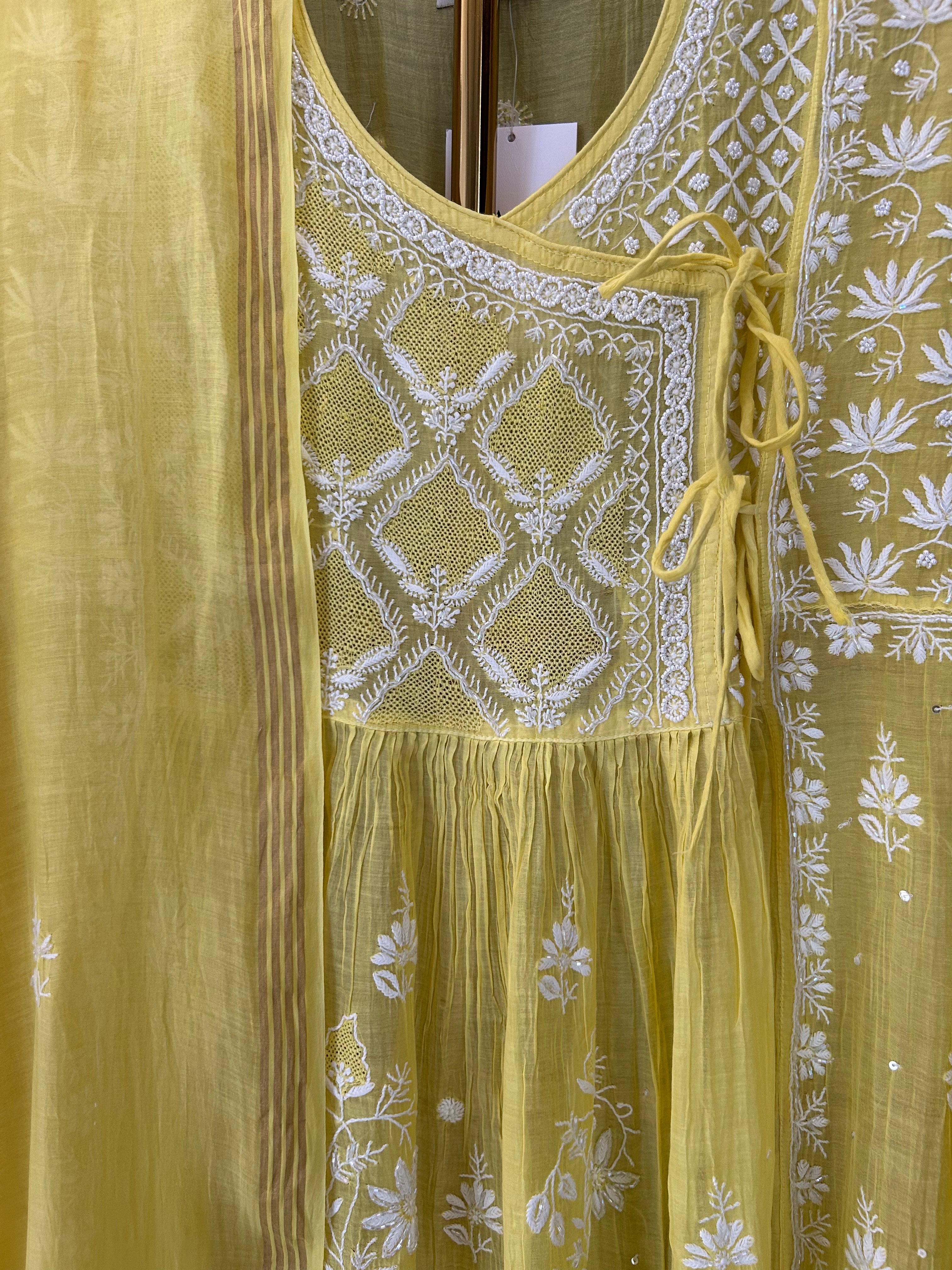 Yellow Mul Chanderi Chikankari Angarkha kurta Set