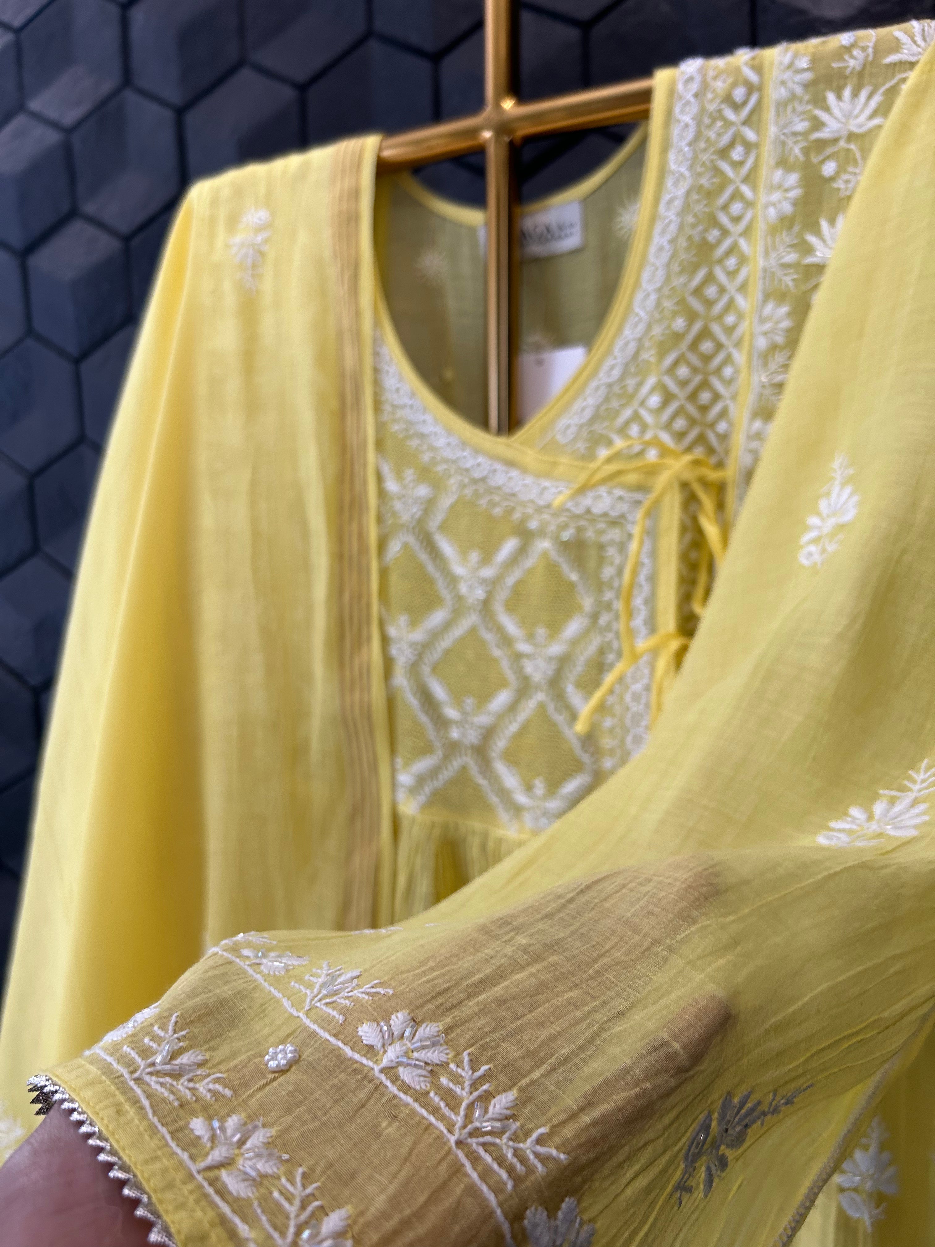 Yellow Mul Chanderi Chikankari Angarkha kurta Set