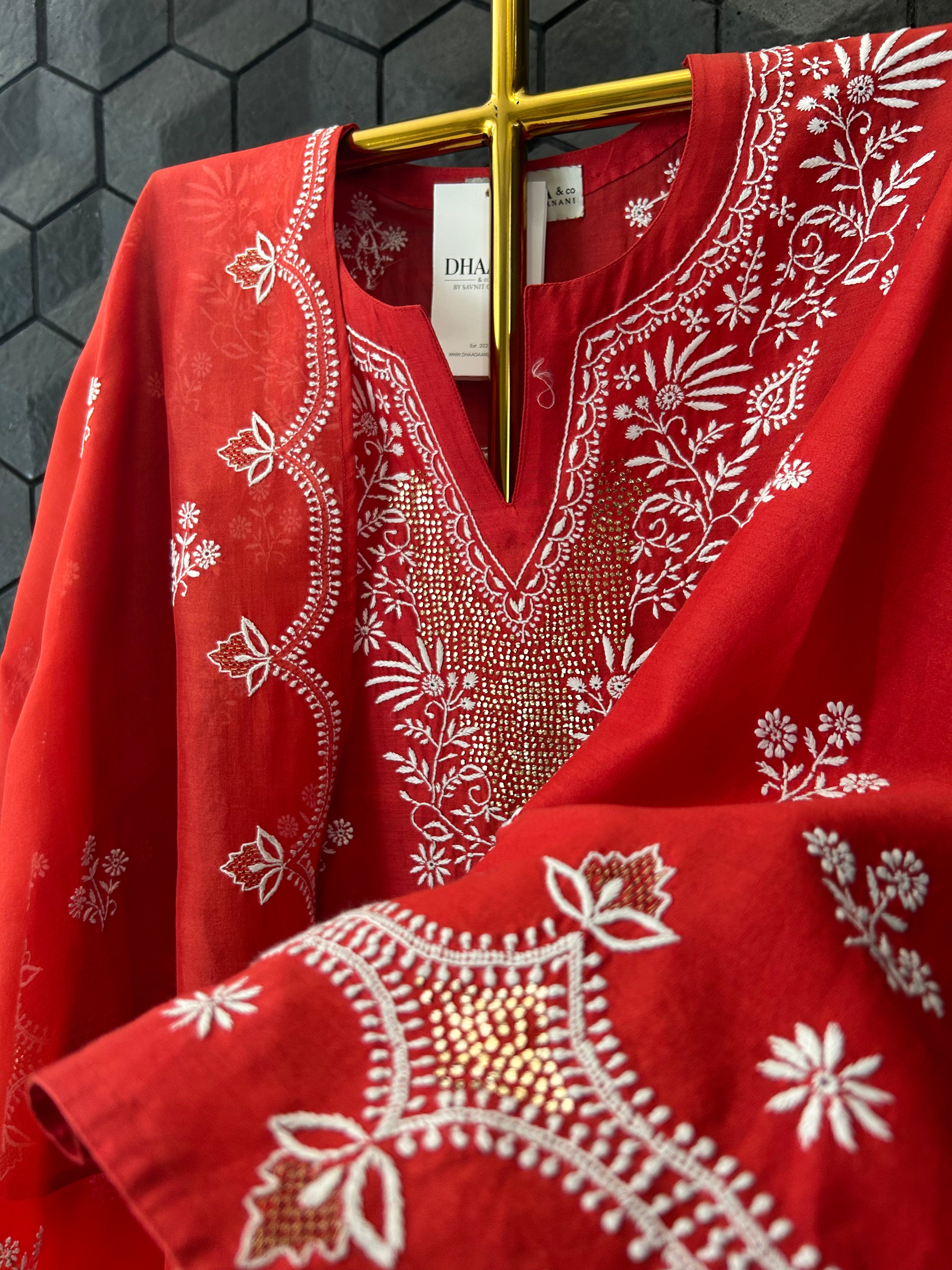 Red Chanderi Chikankari Anarkali Set