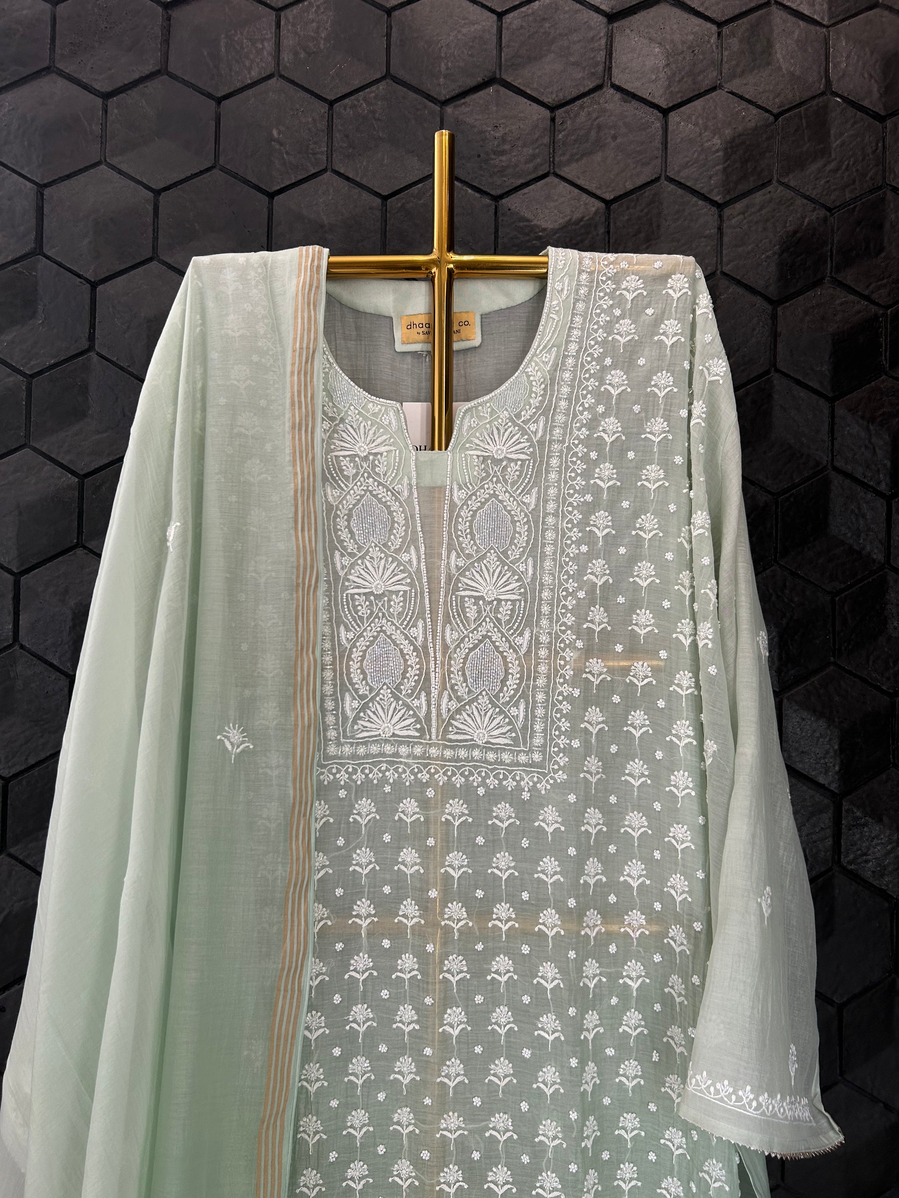 Sage Green Mul Chanderi Chikankari Kurta Set