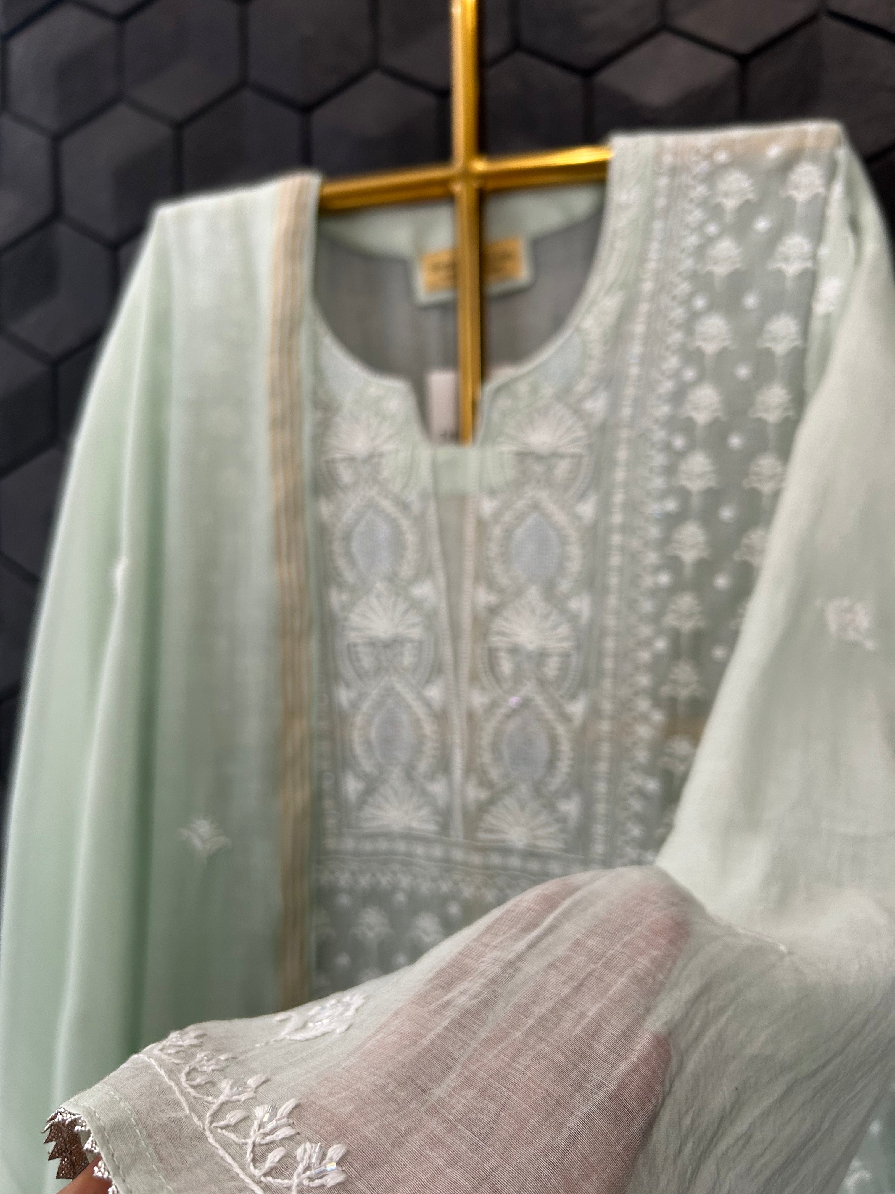 Sage Green Mul Chanderi Chikankari Kurta Set