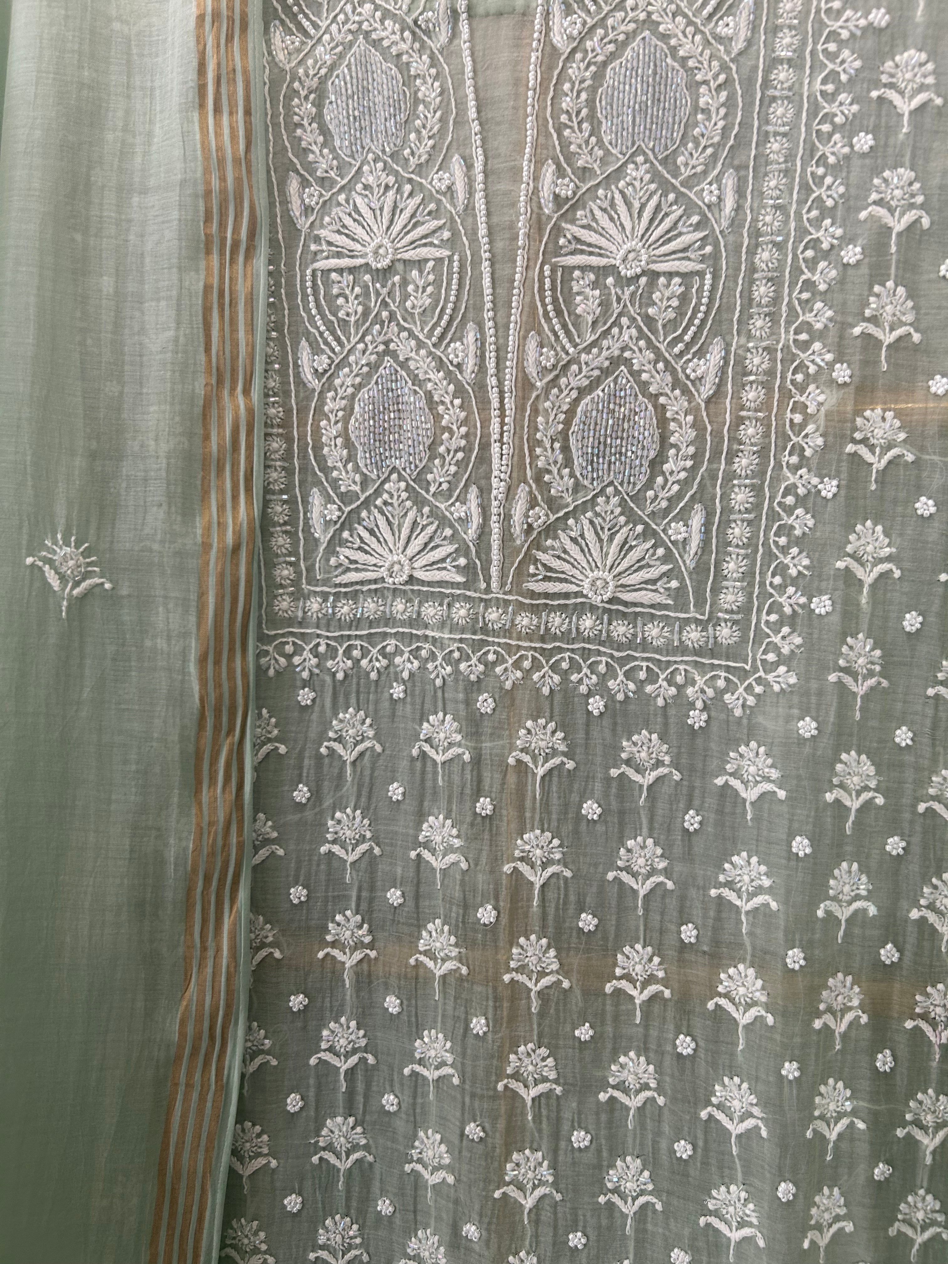 Sage Green Mul Chanderi Chikankari Kurta Set