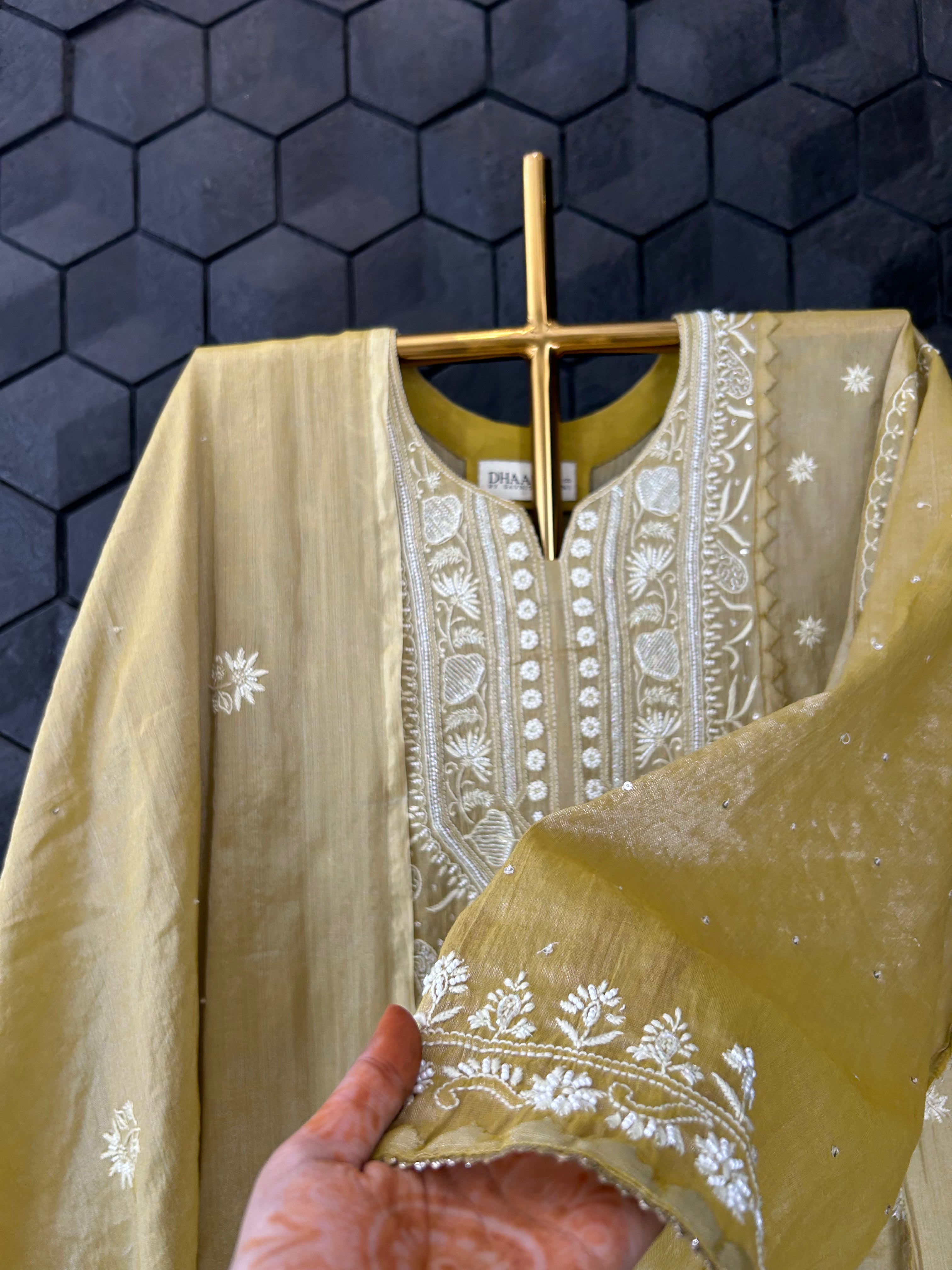 Green Silver Tissue Chikankari Kurta Set