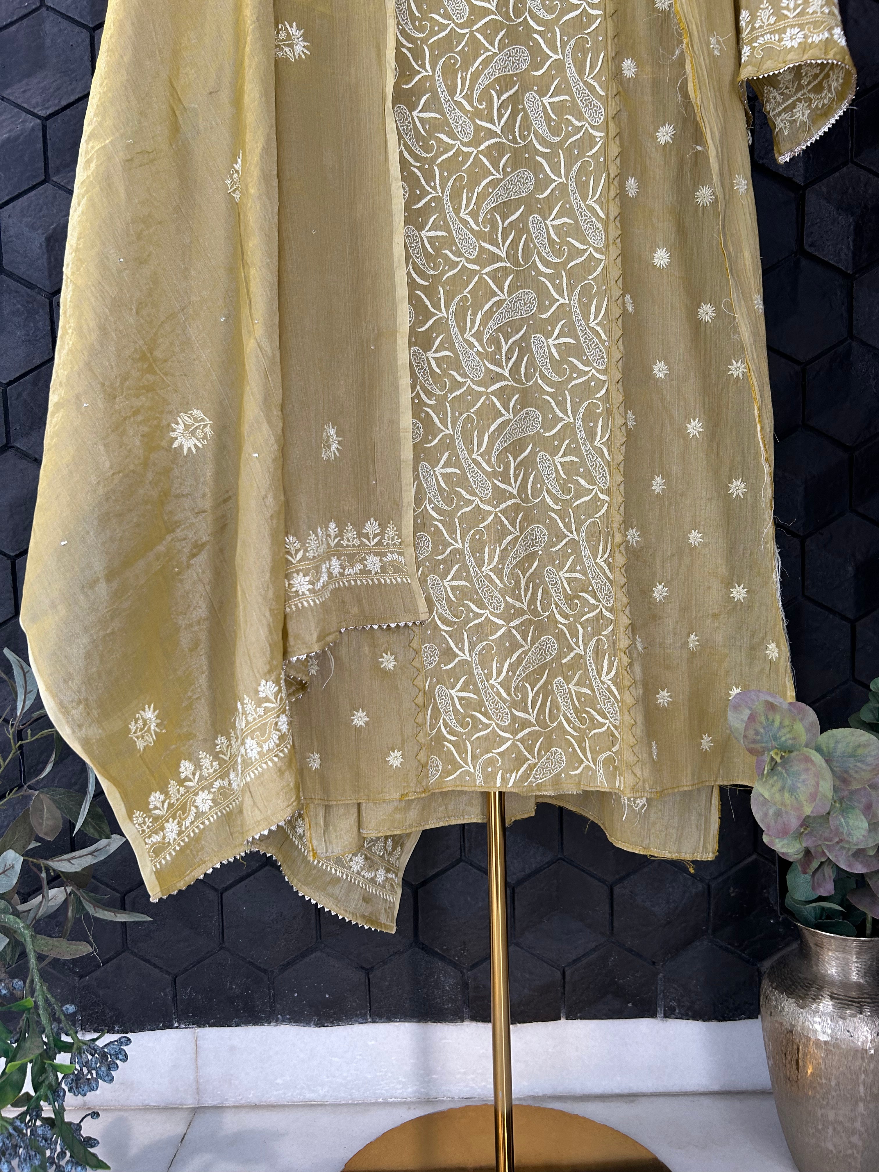 Green Silver Tissue Chikankari Kurta Set