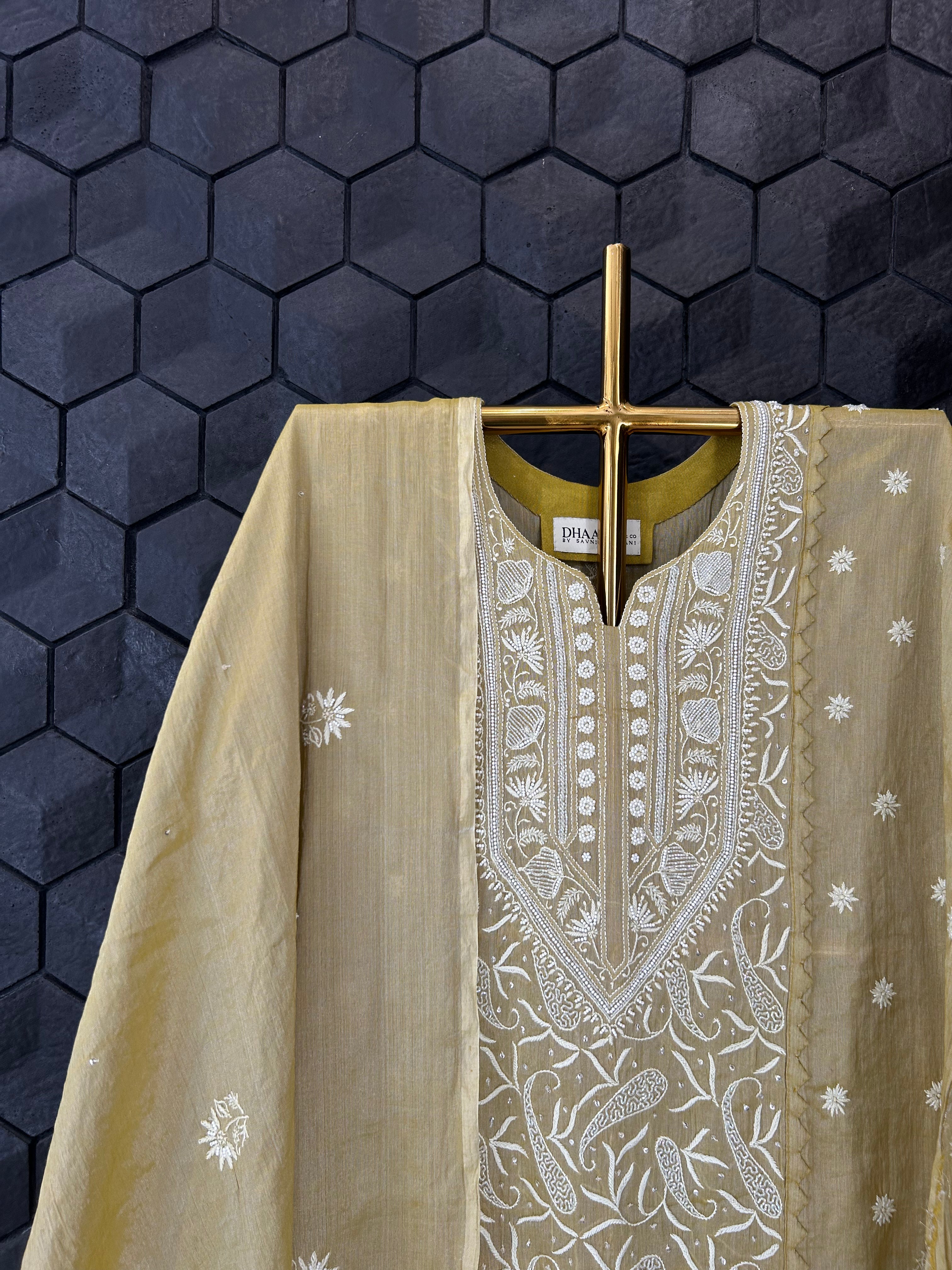 Green Silver Tissue Chikankari Kurta Set