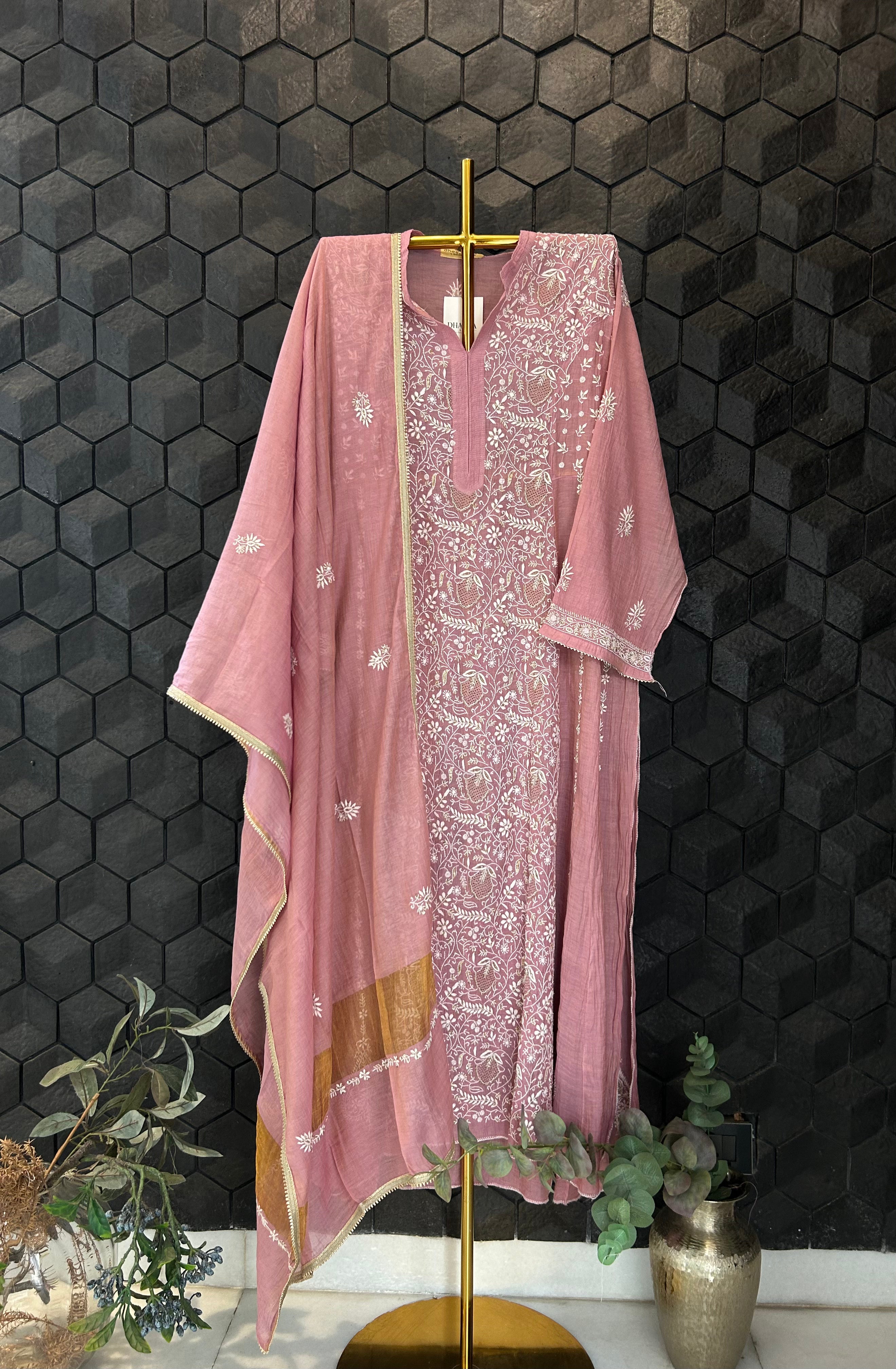 Pink Golden Tissue Chikankari Kurta Set