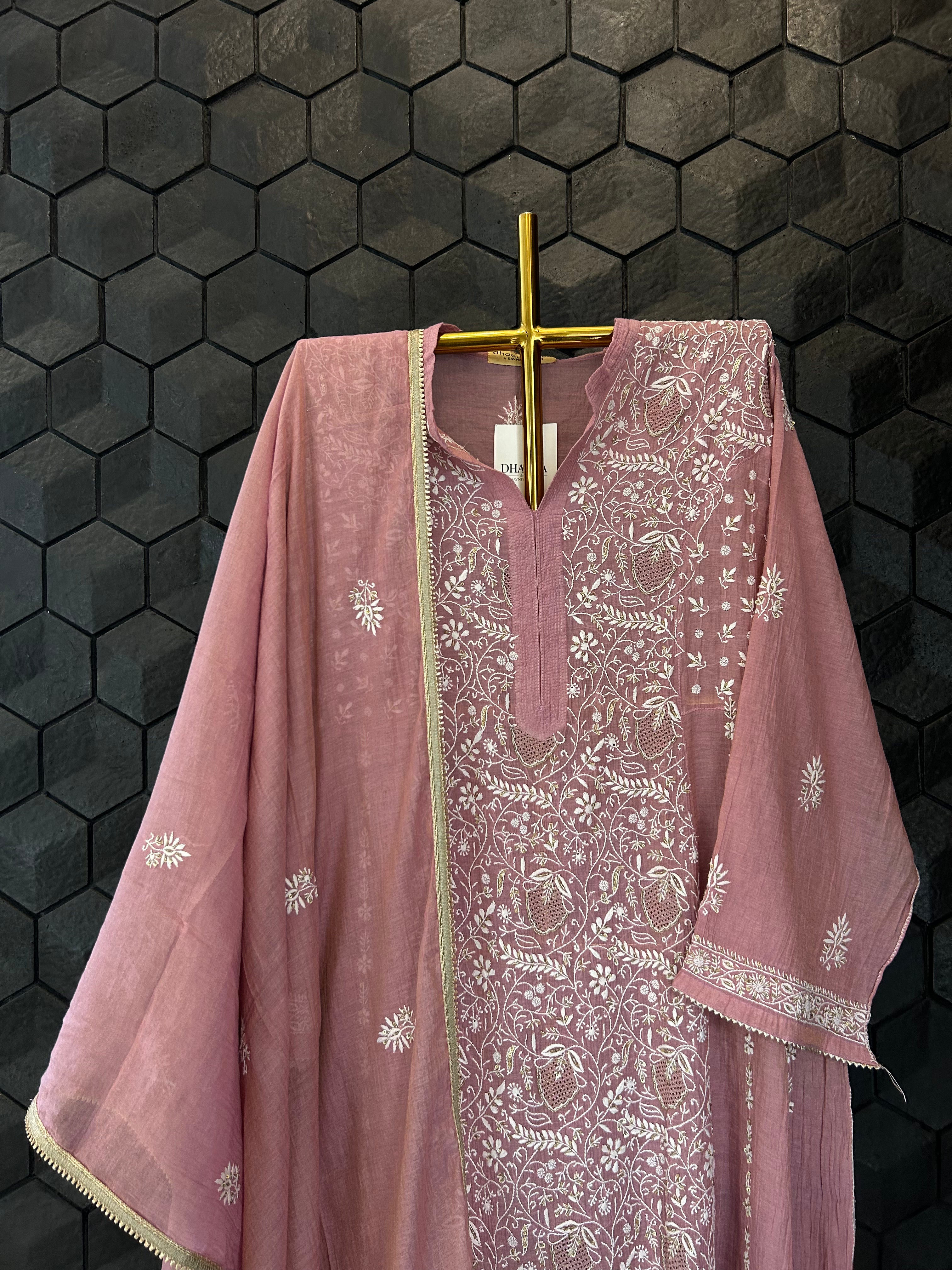 Pink Golden Tissue Chikankari Kurta Set