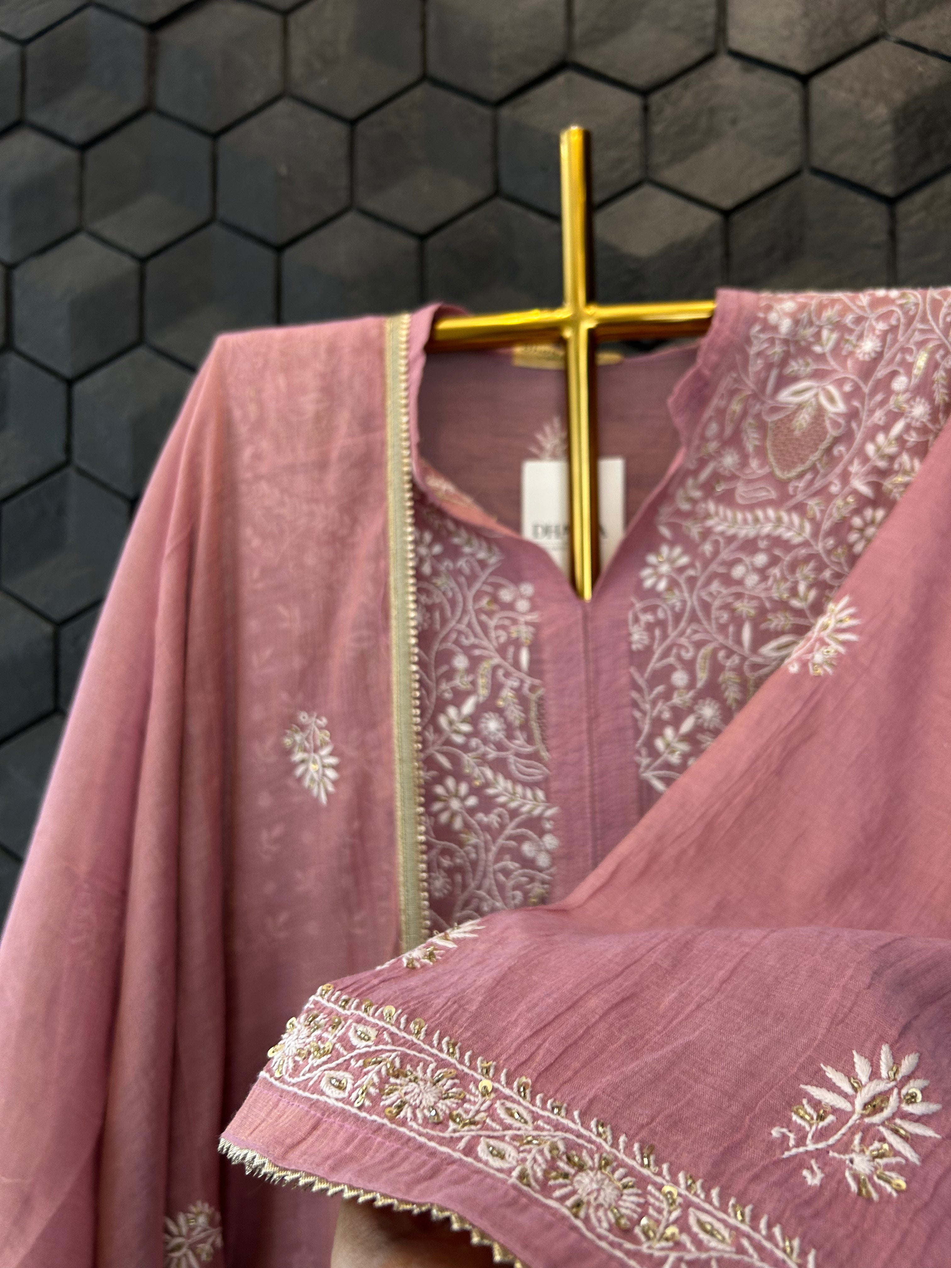 Pink Golden Tissue Chikankari Kurta Set