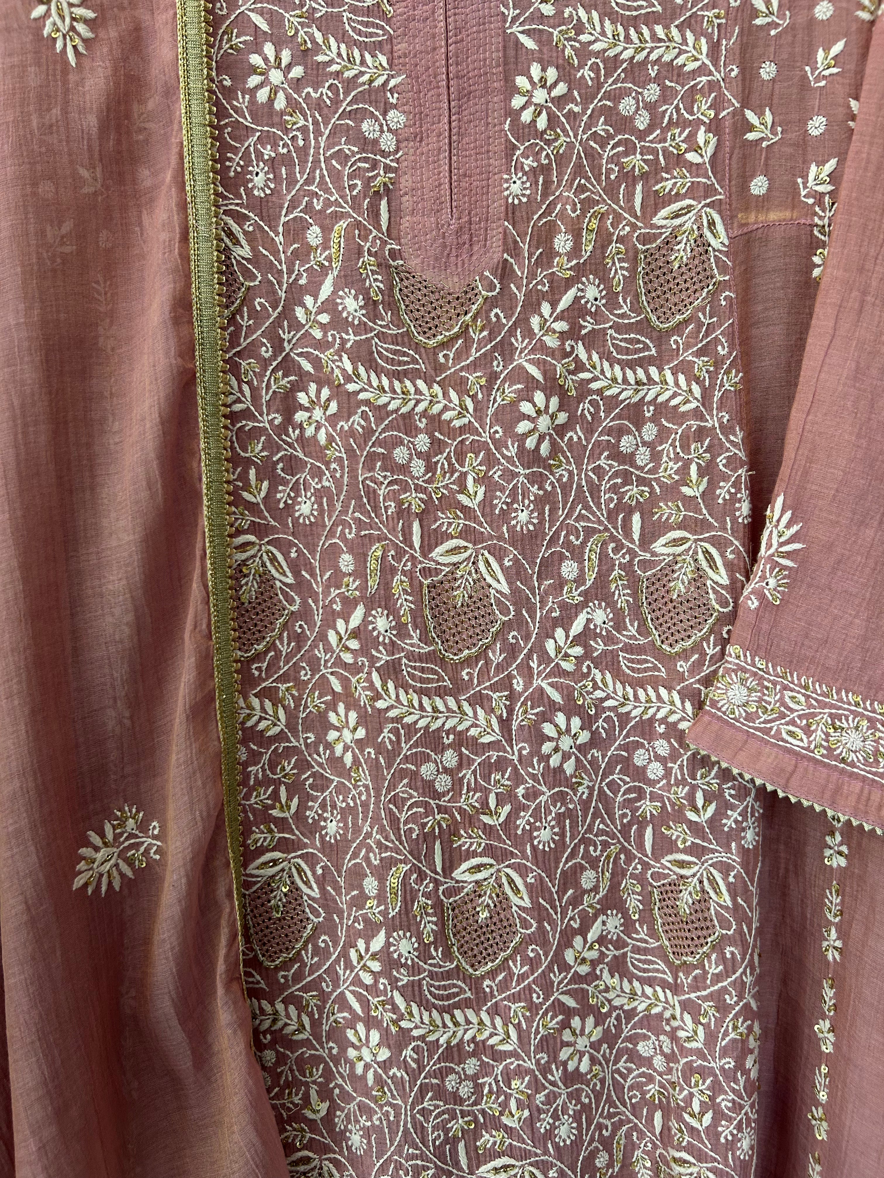 Pink Golden Tissue Chikankari Kurta Set