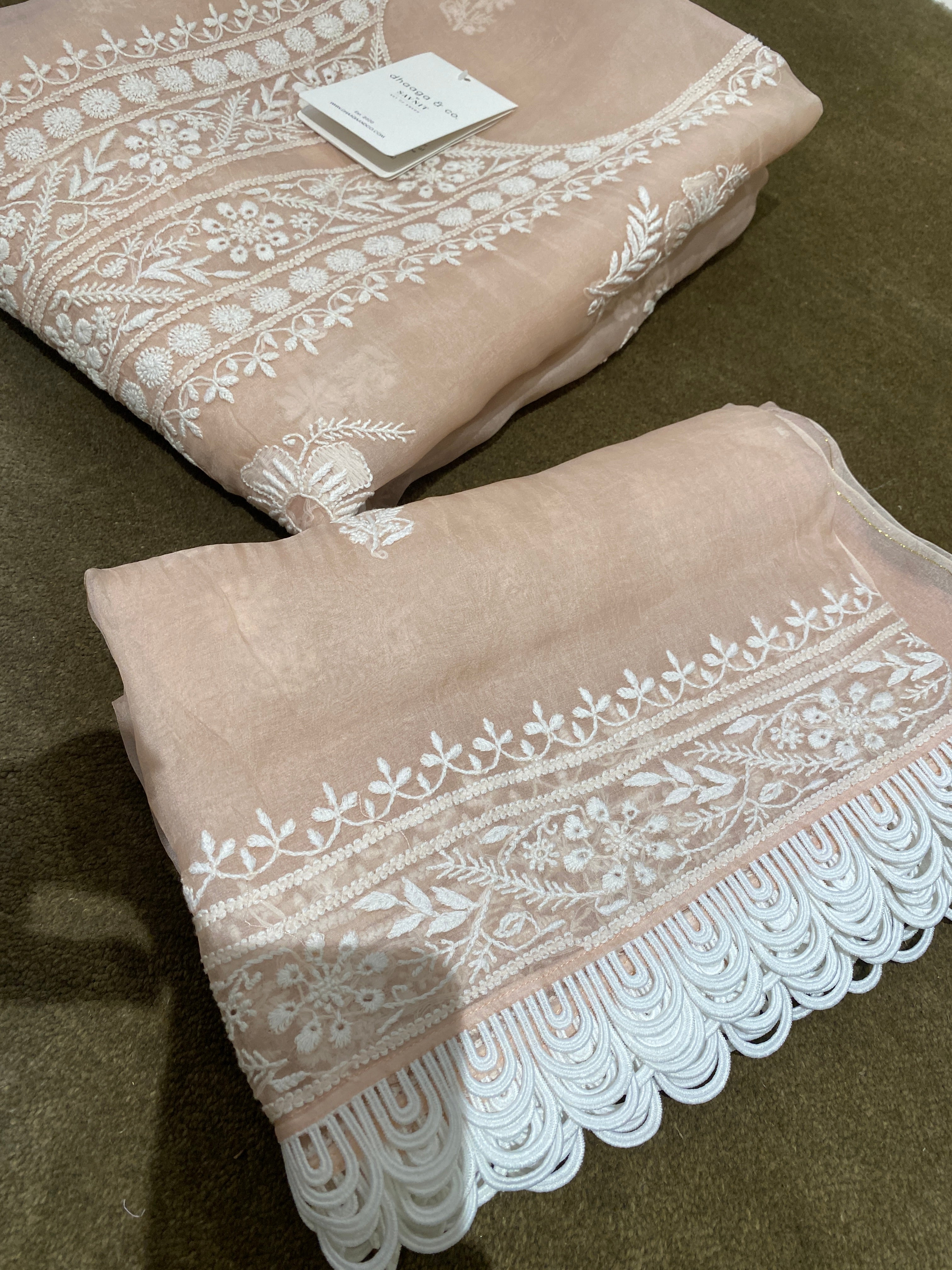 Peach Organza Chikankari Kurta-Set