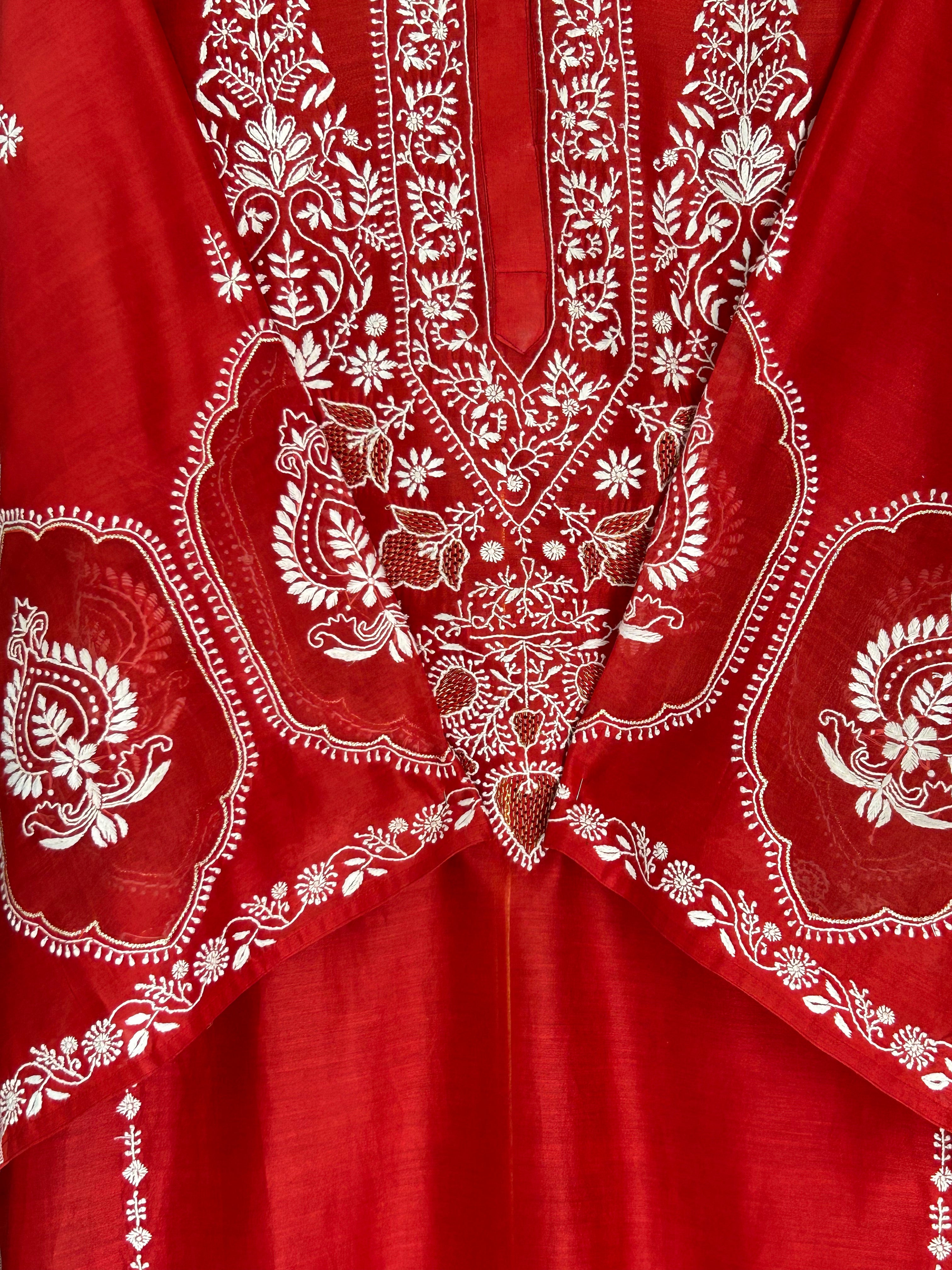 Red Chanderi Chikankari Kurta Set