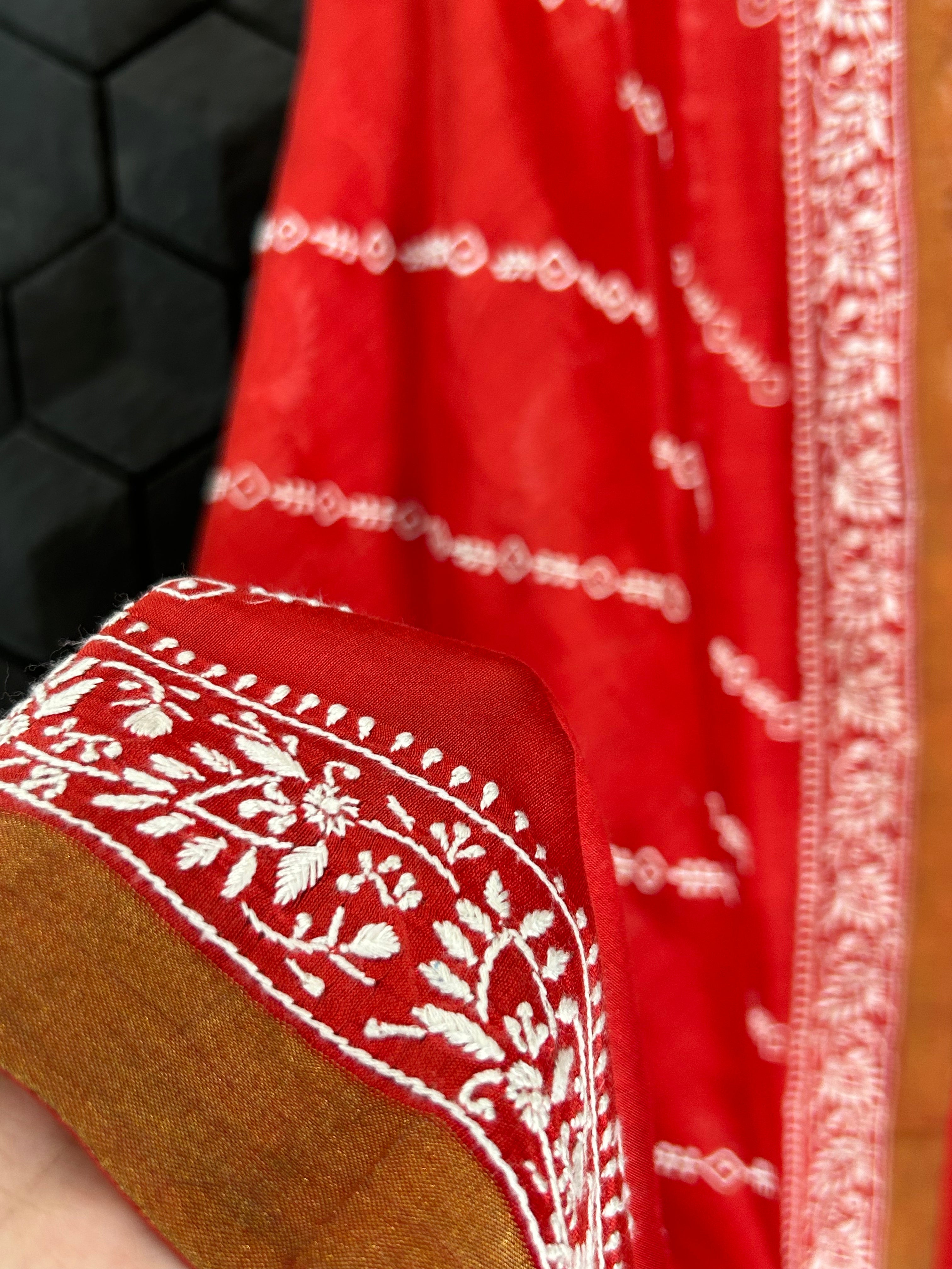 Red Chanderi Chikankari Kurta Set