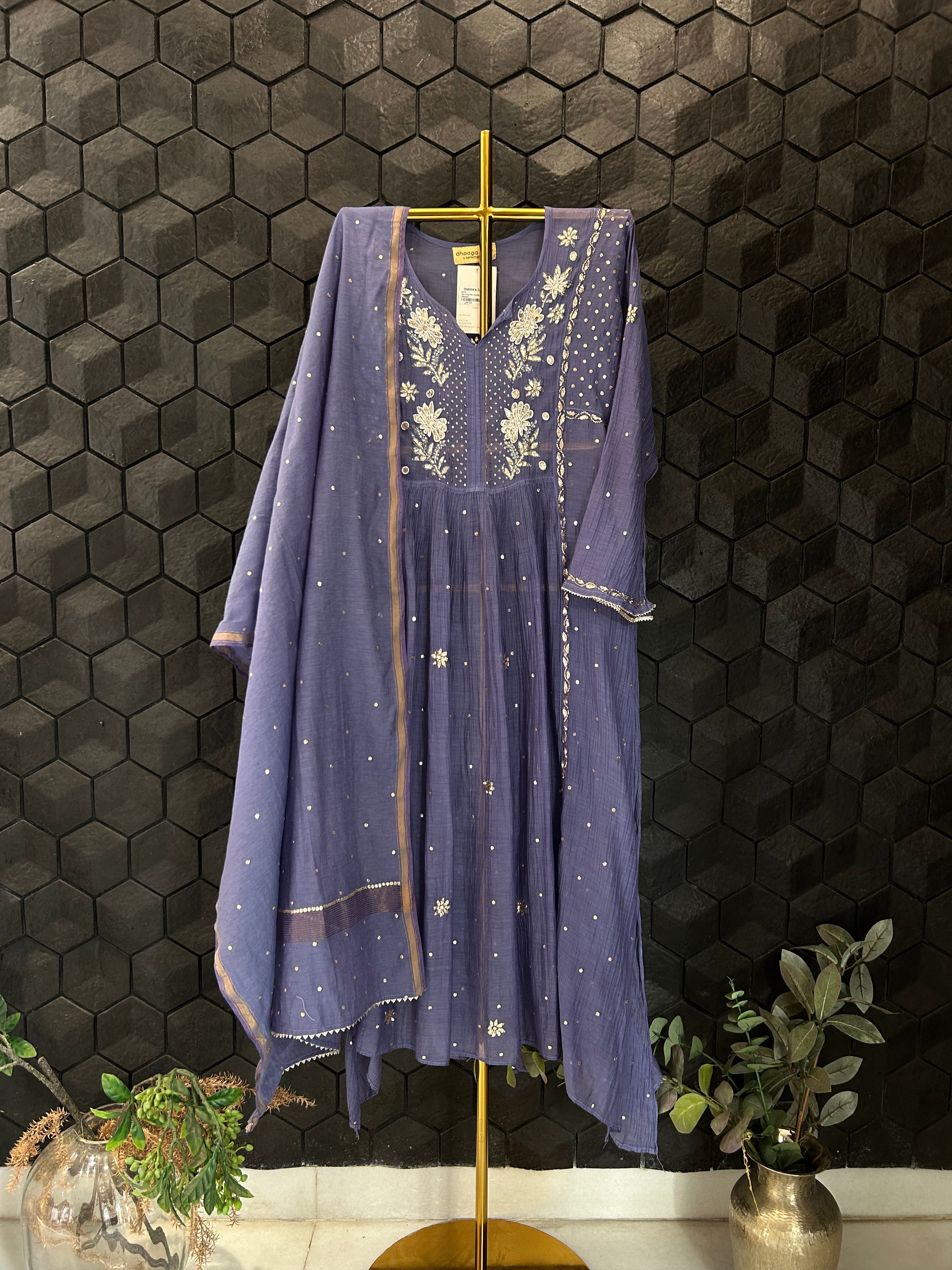 Purple Mul Chanderi Chikankari Mukaish  Kurta Set