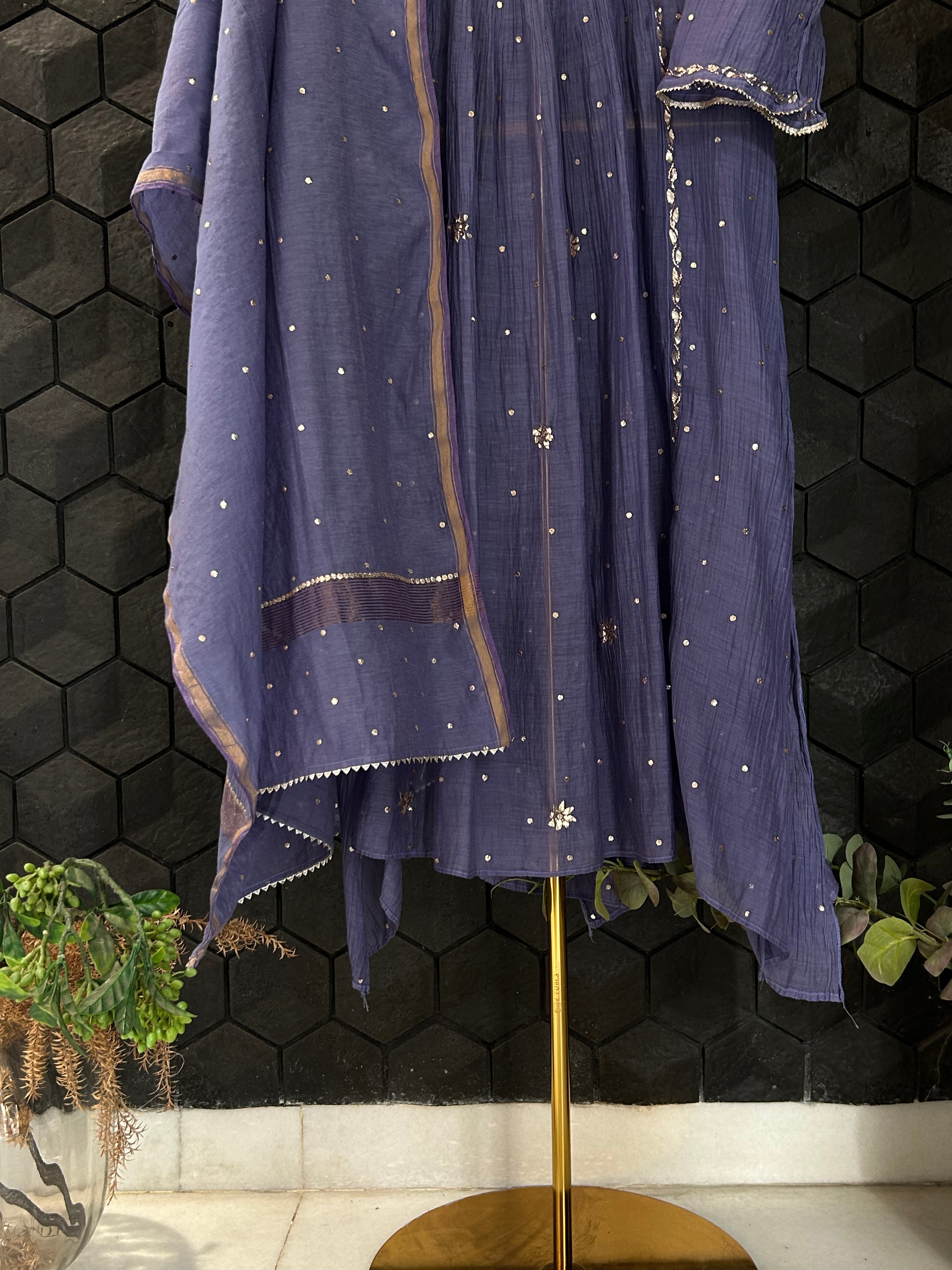 Purple Mul Chanderi Chikankari Mukaish  Kurta Set