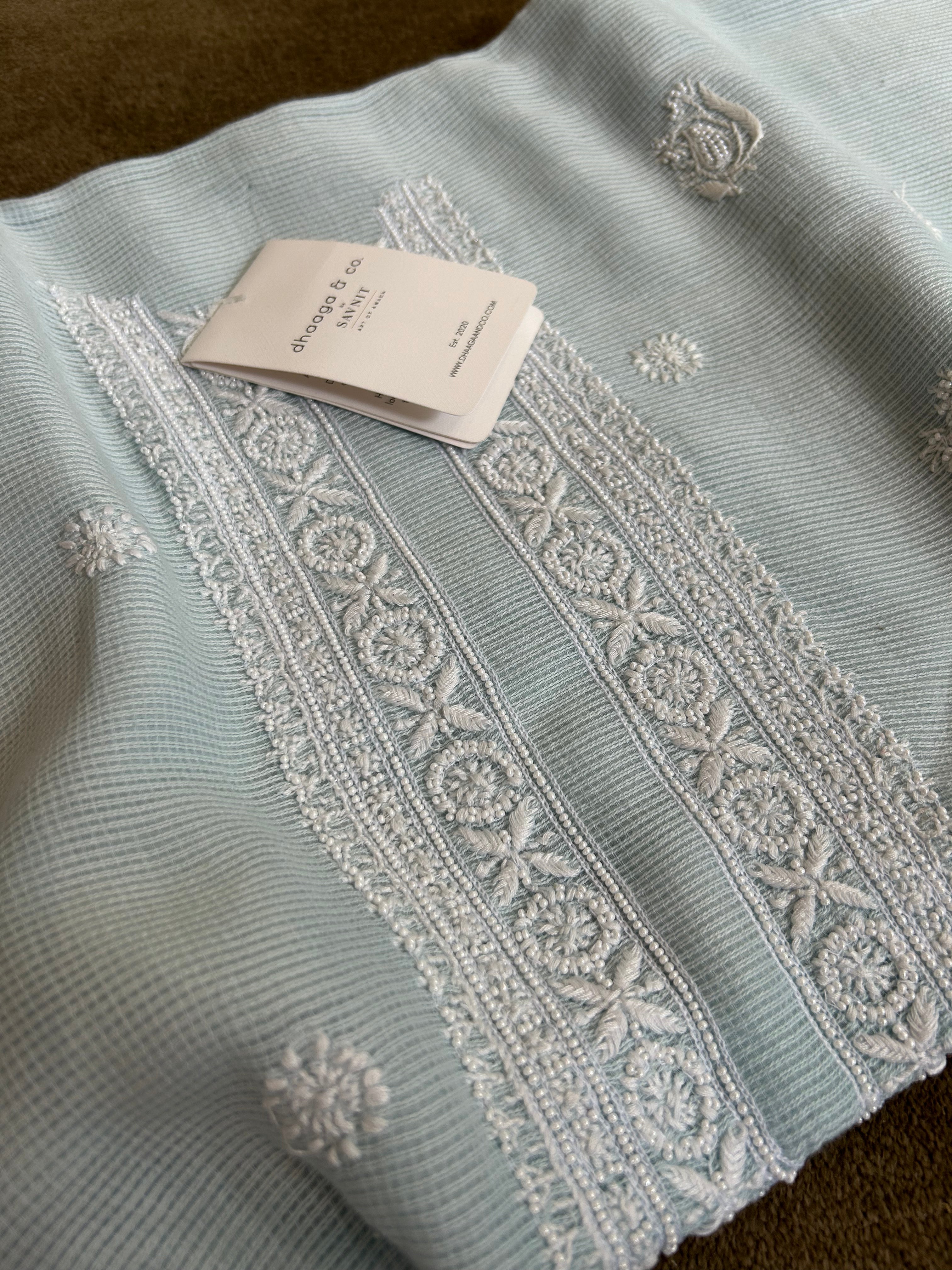 Sky Blue Mens Chanderi Chikankari Kurta