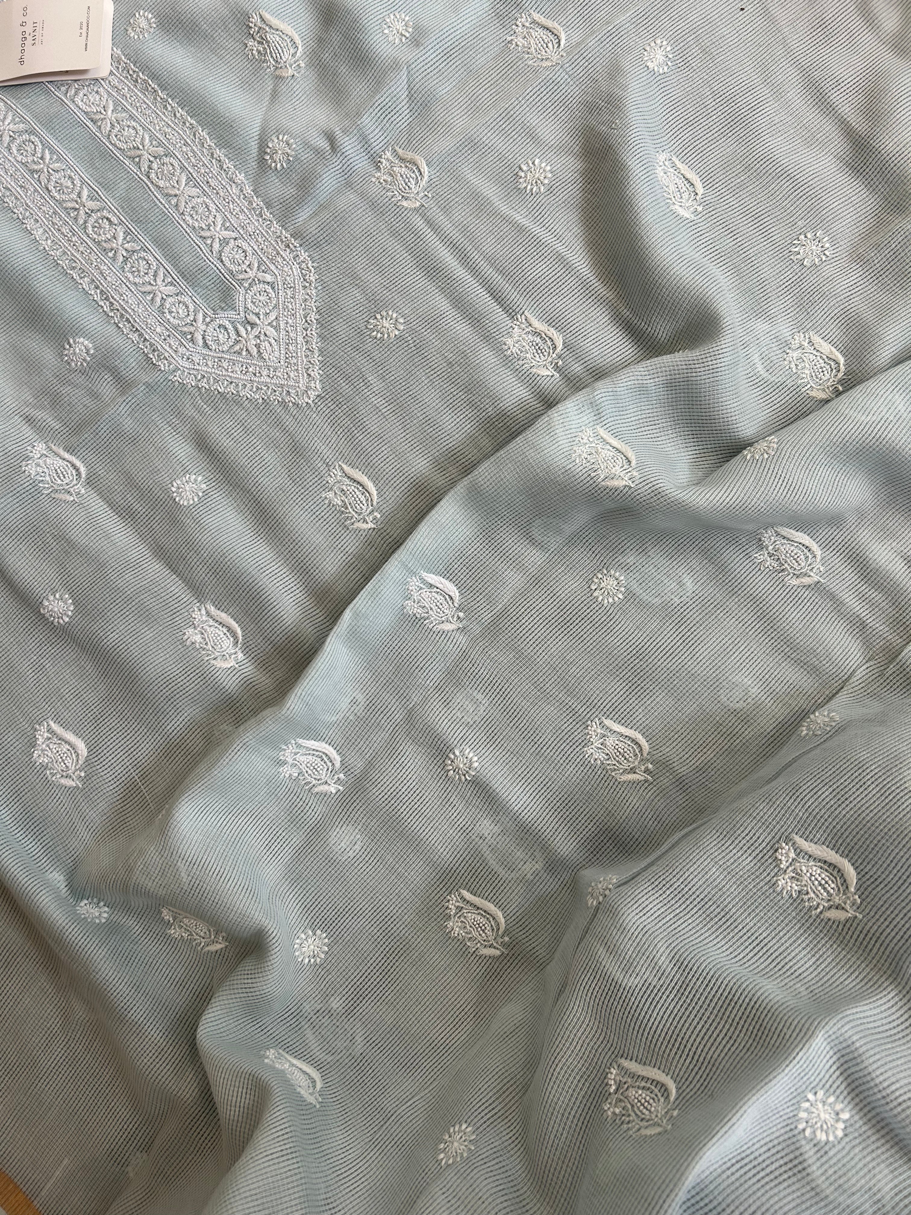 Sky Blue Mens Chanderi Chikankari Kurta