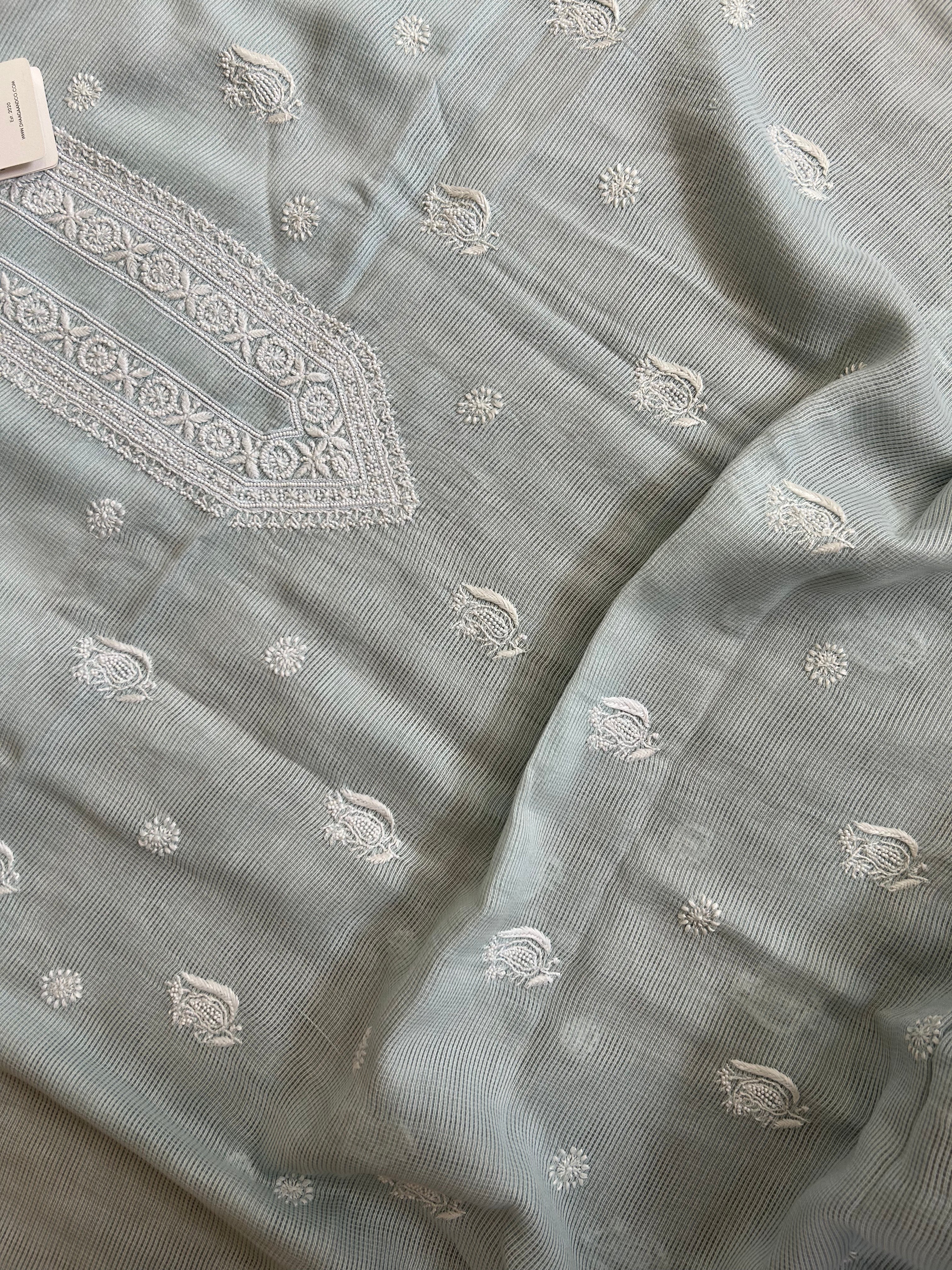 Sky Blue Mens Chanderi Chikankari Kurta