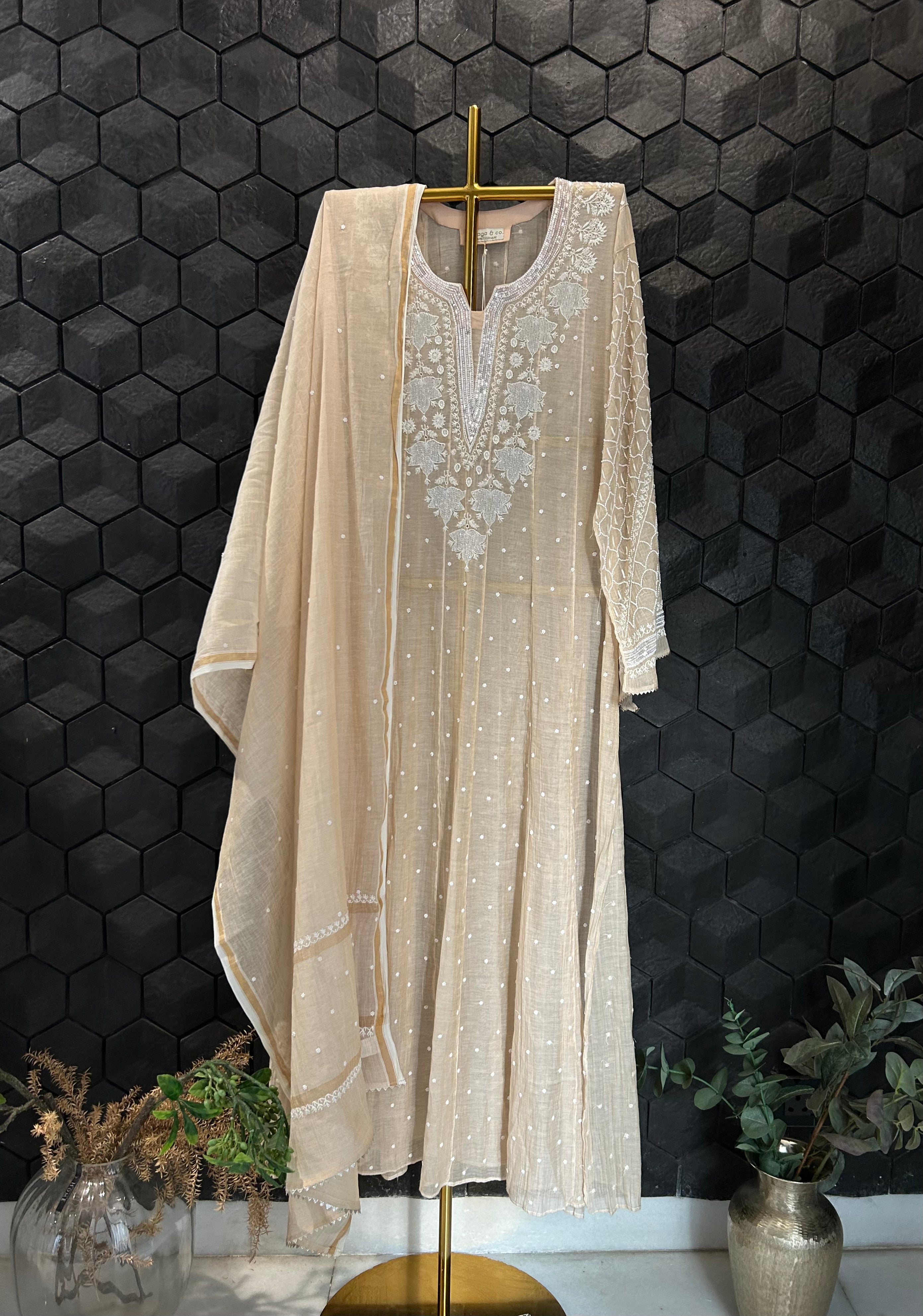 Golden Tissue Chikankari Anarkali Set