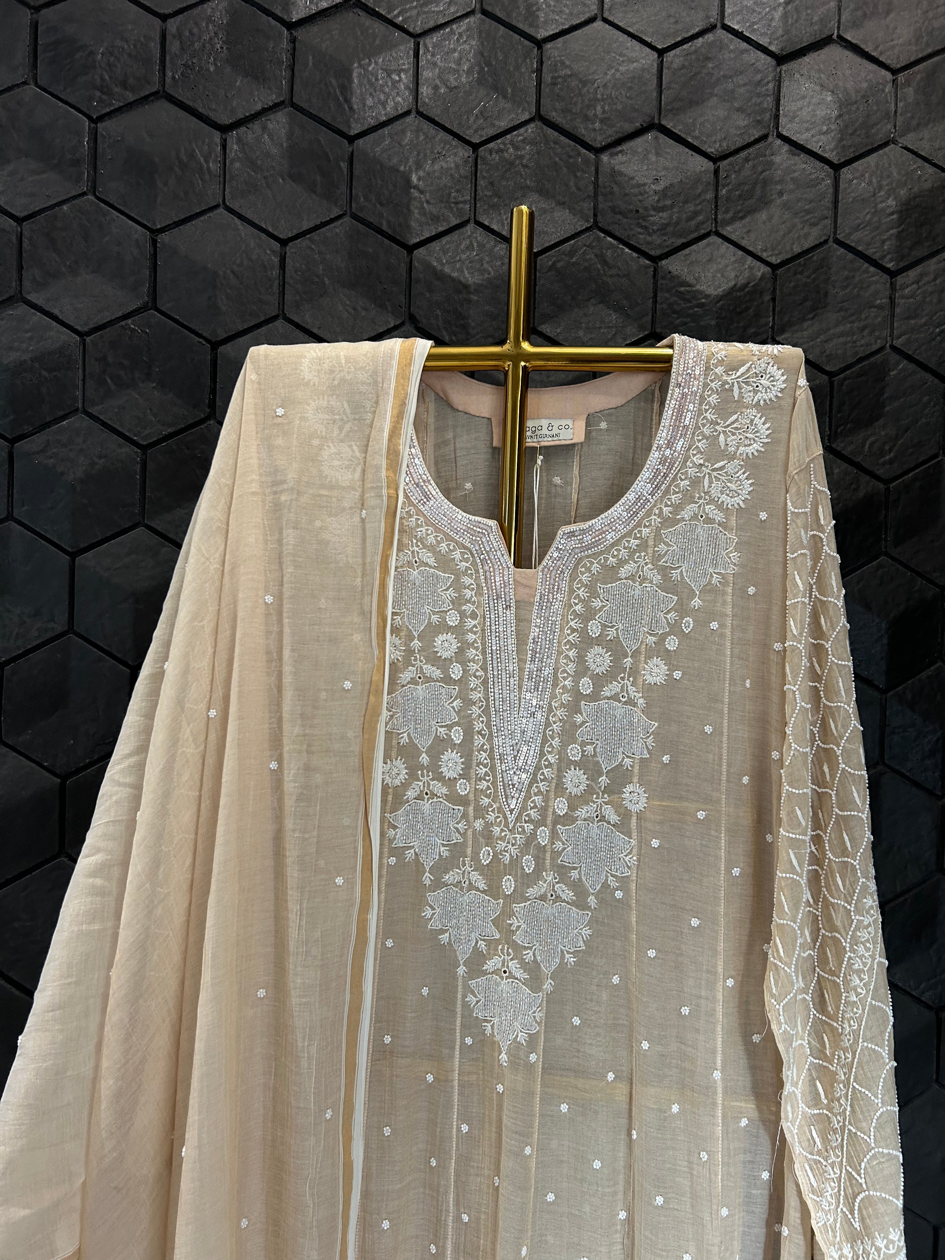 Golden Tissue Chikankari Anarkali Set