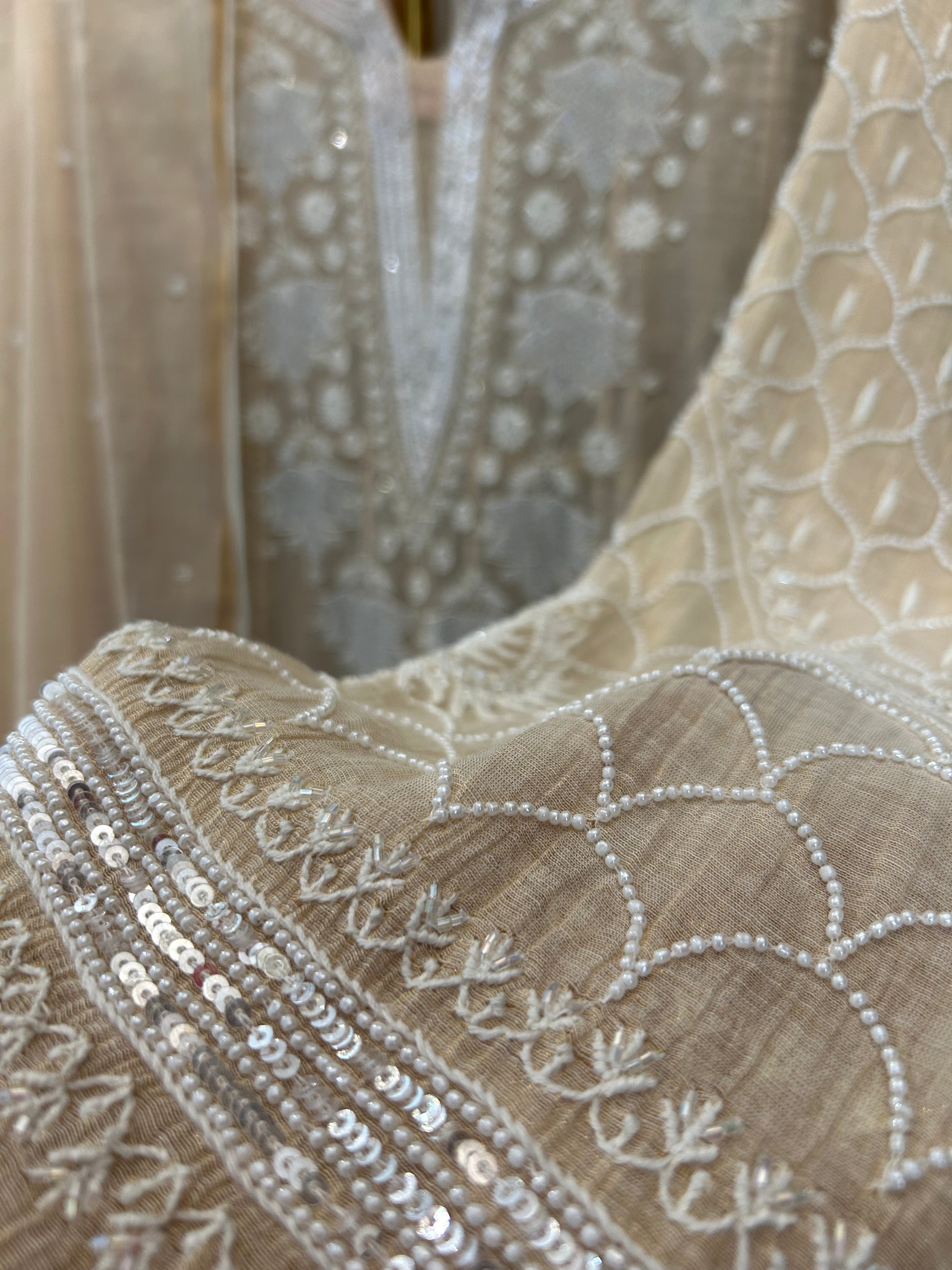 Golden Tissue Chikankari Anarkali Set