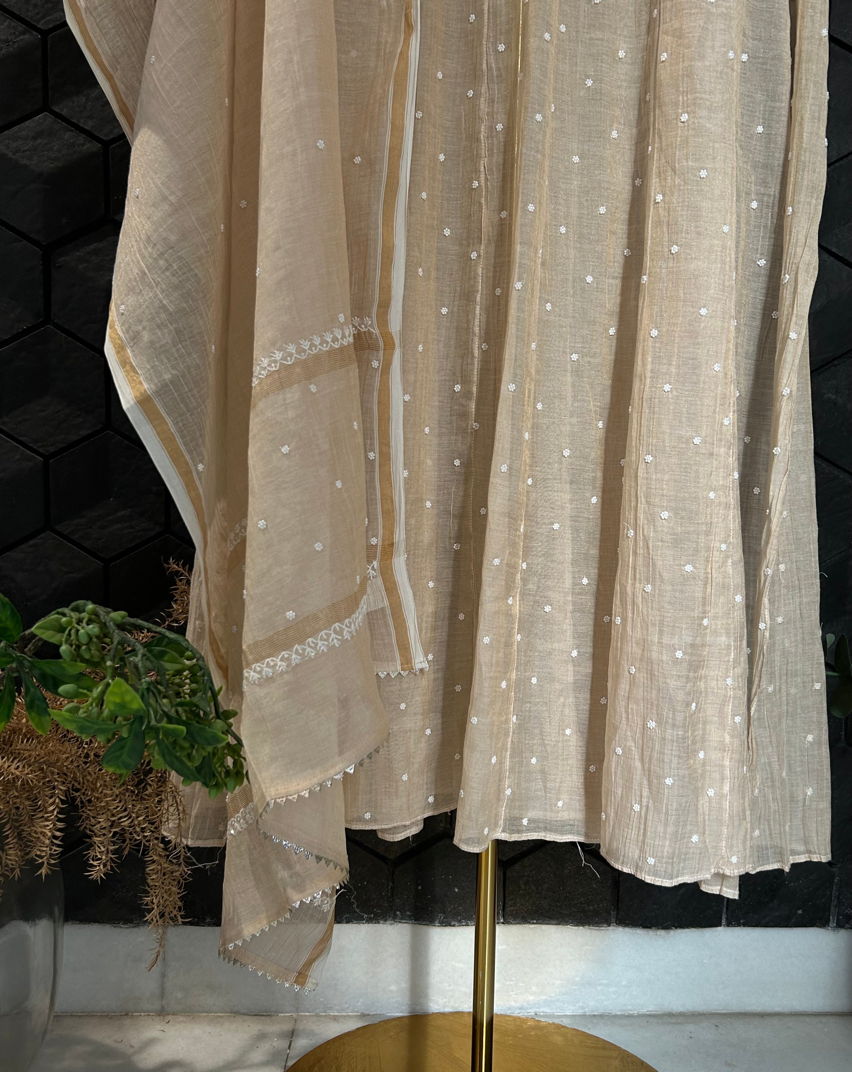 Golden Tissue Chikankari Anarkali Set