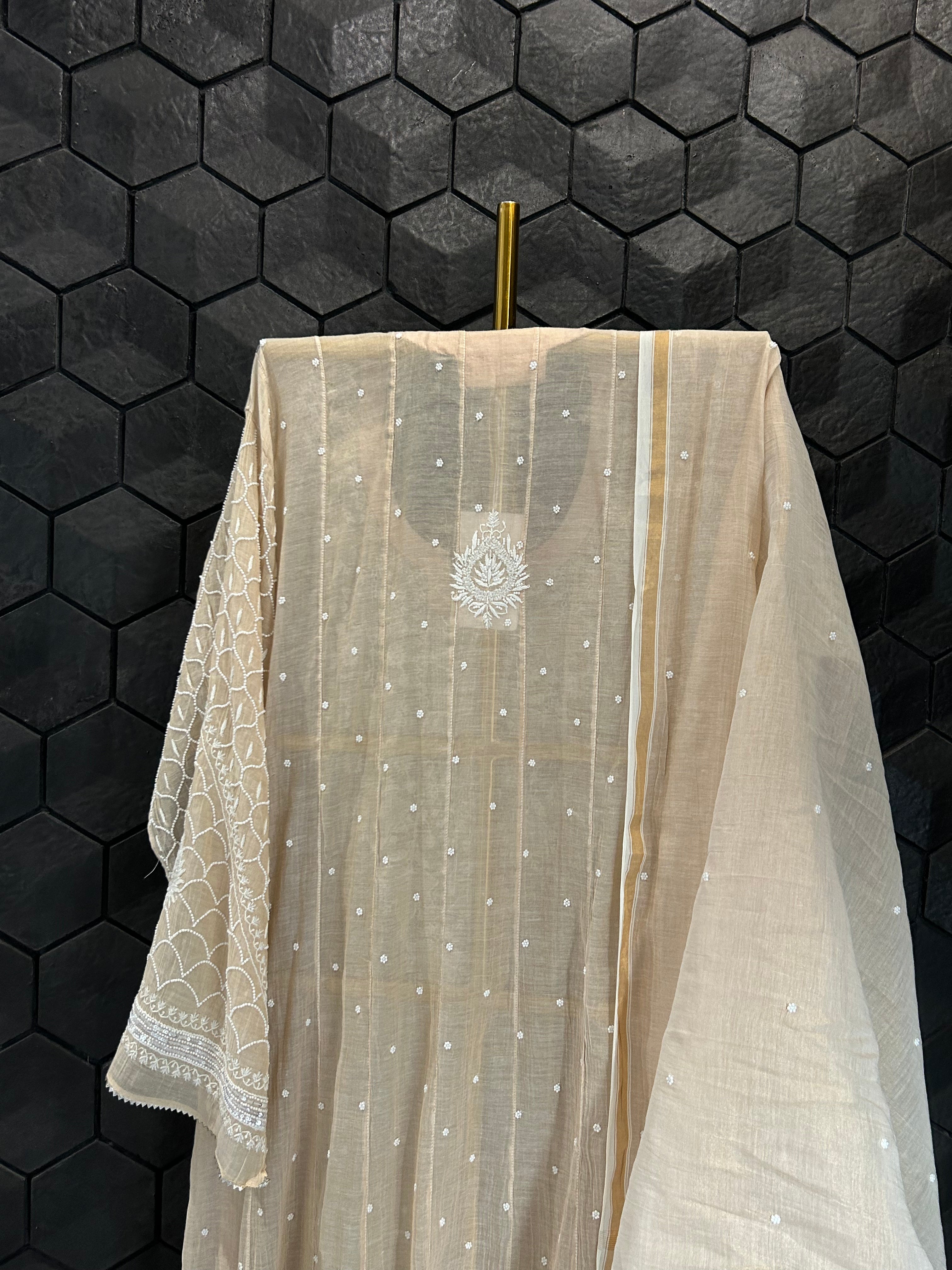 Golden Tissue Chikankari Anarkali Set