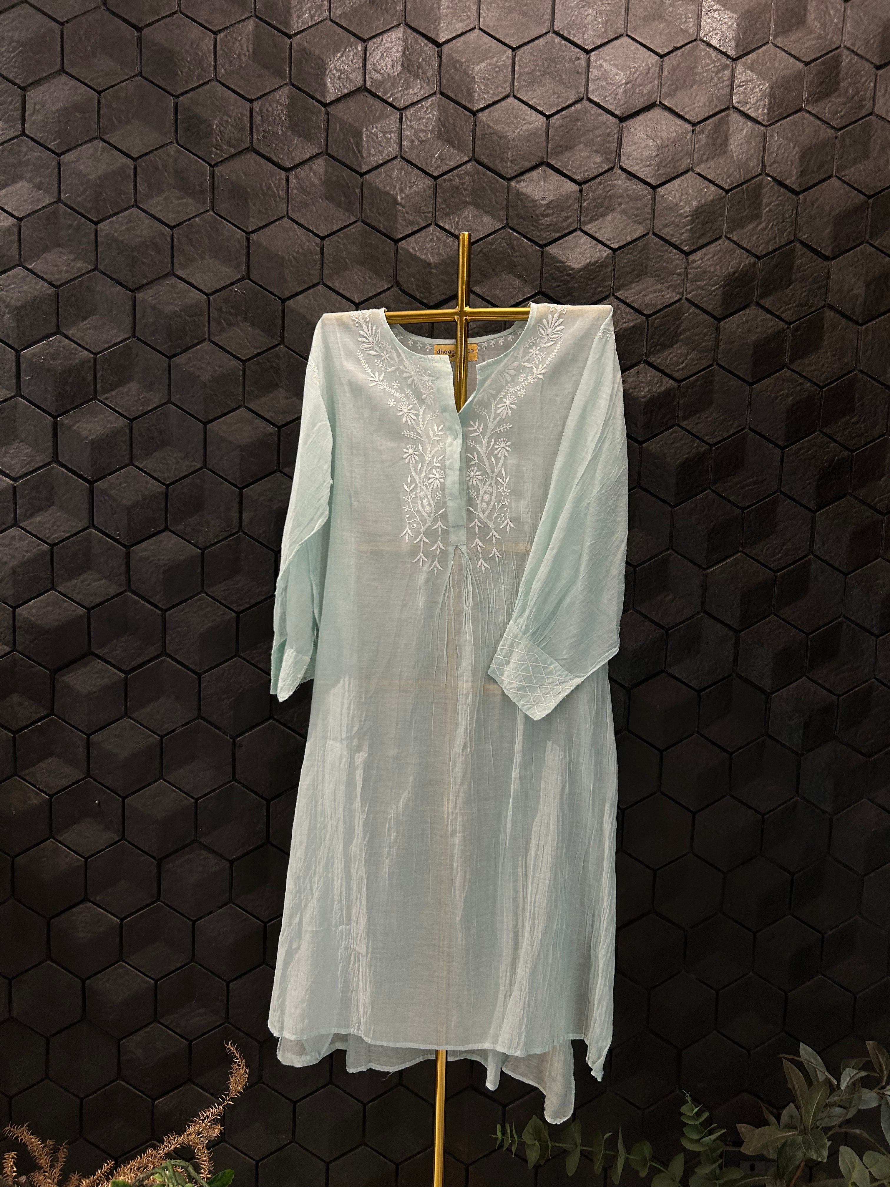 Sea Green Mul Chanderi Chikankari Kurti