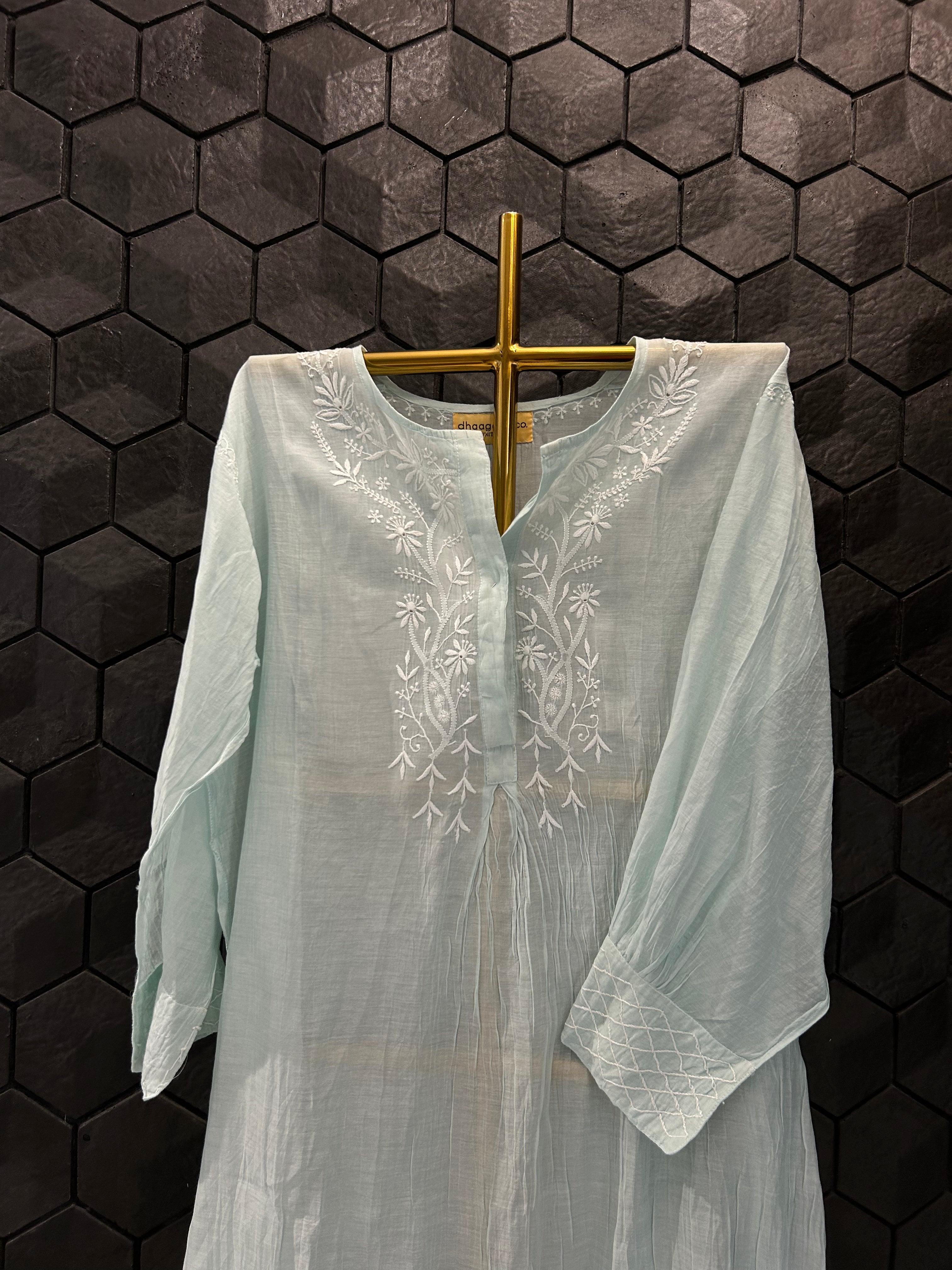 Sea Green Mul Chanderi Chikankari Kurti