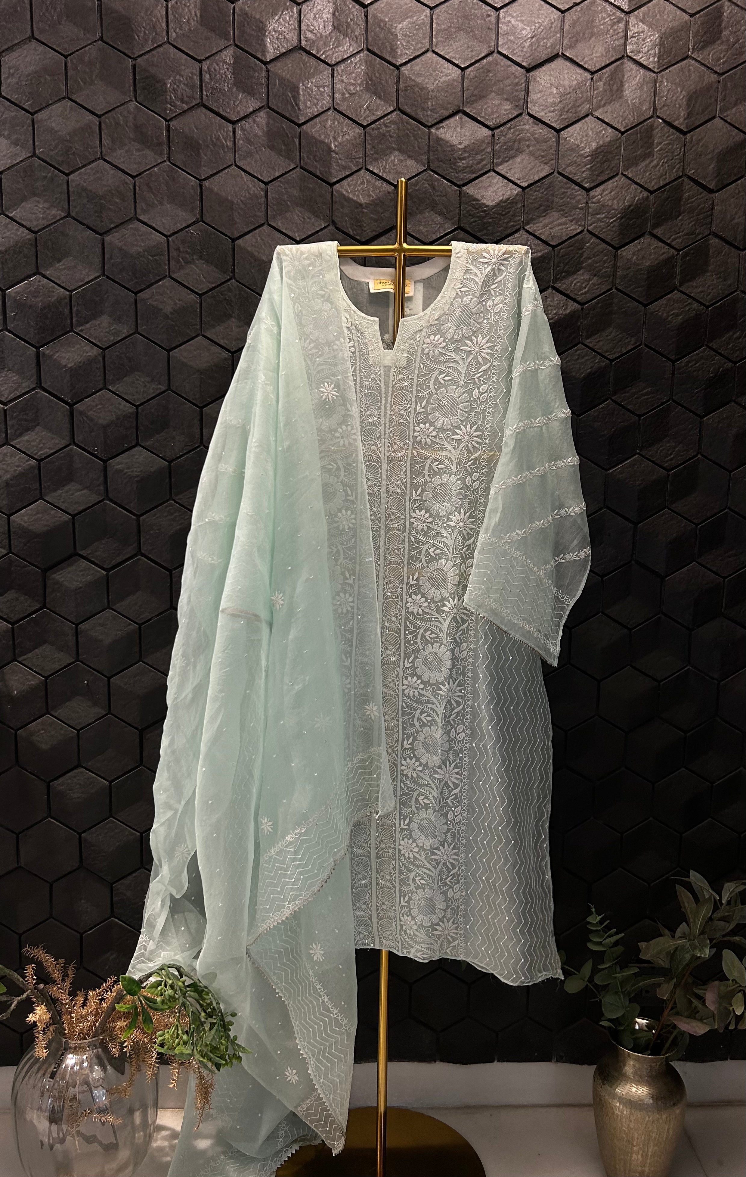 Sea Green Organza Chikankari Kurta Set