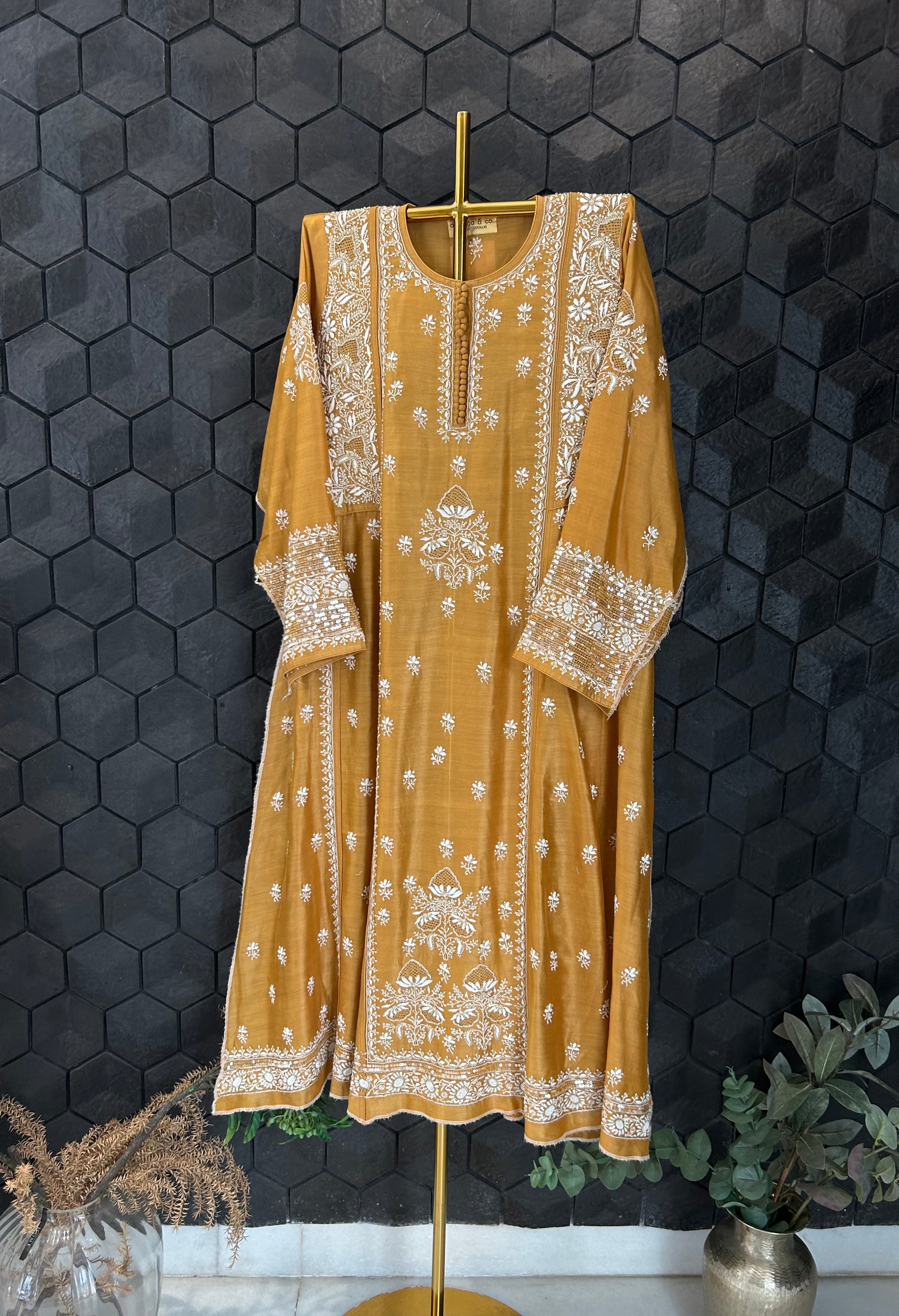 Mustard Chanderi Chikankari Anarkali With Heavy Front And Back Jaali Work