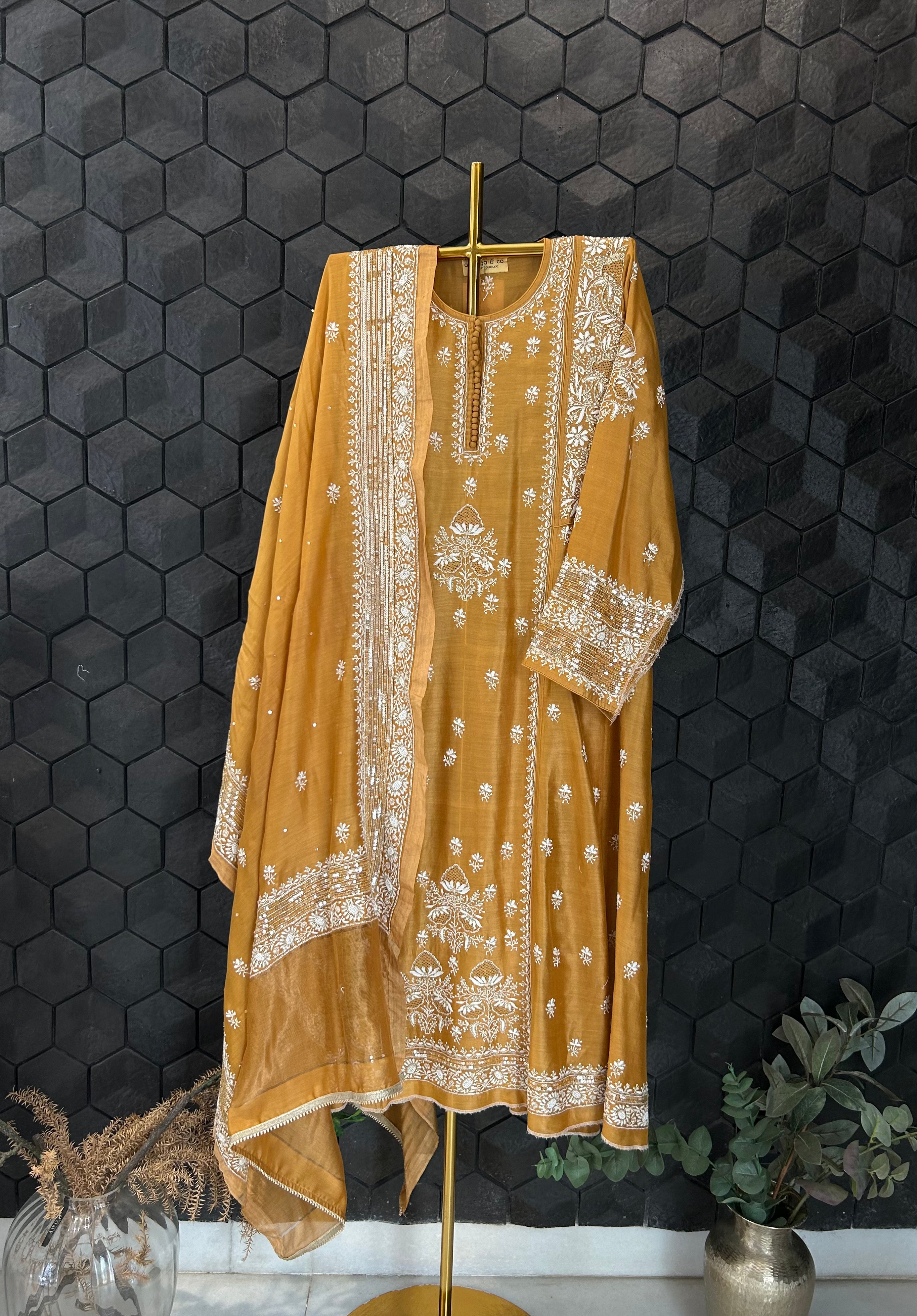 Mustard Chanderi Chikankari Anarkali With Heavy Front And Back Jaali Work