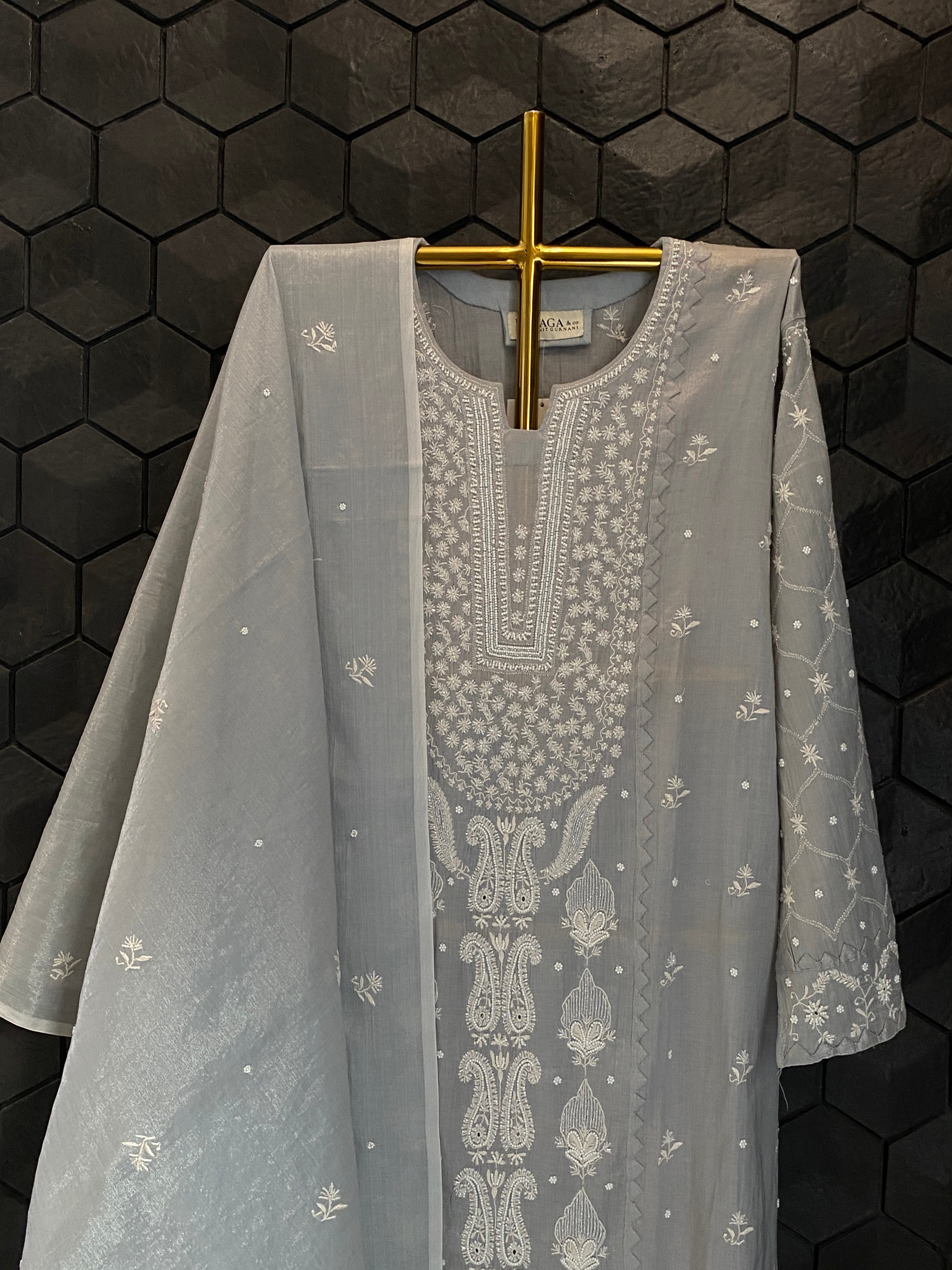 Silver Tissue Chikankari Kurta Set