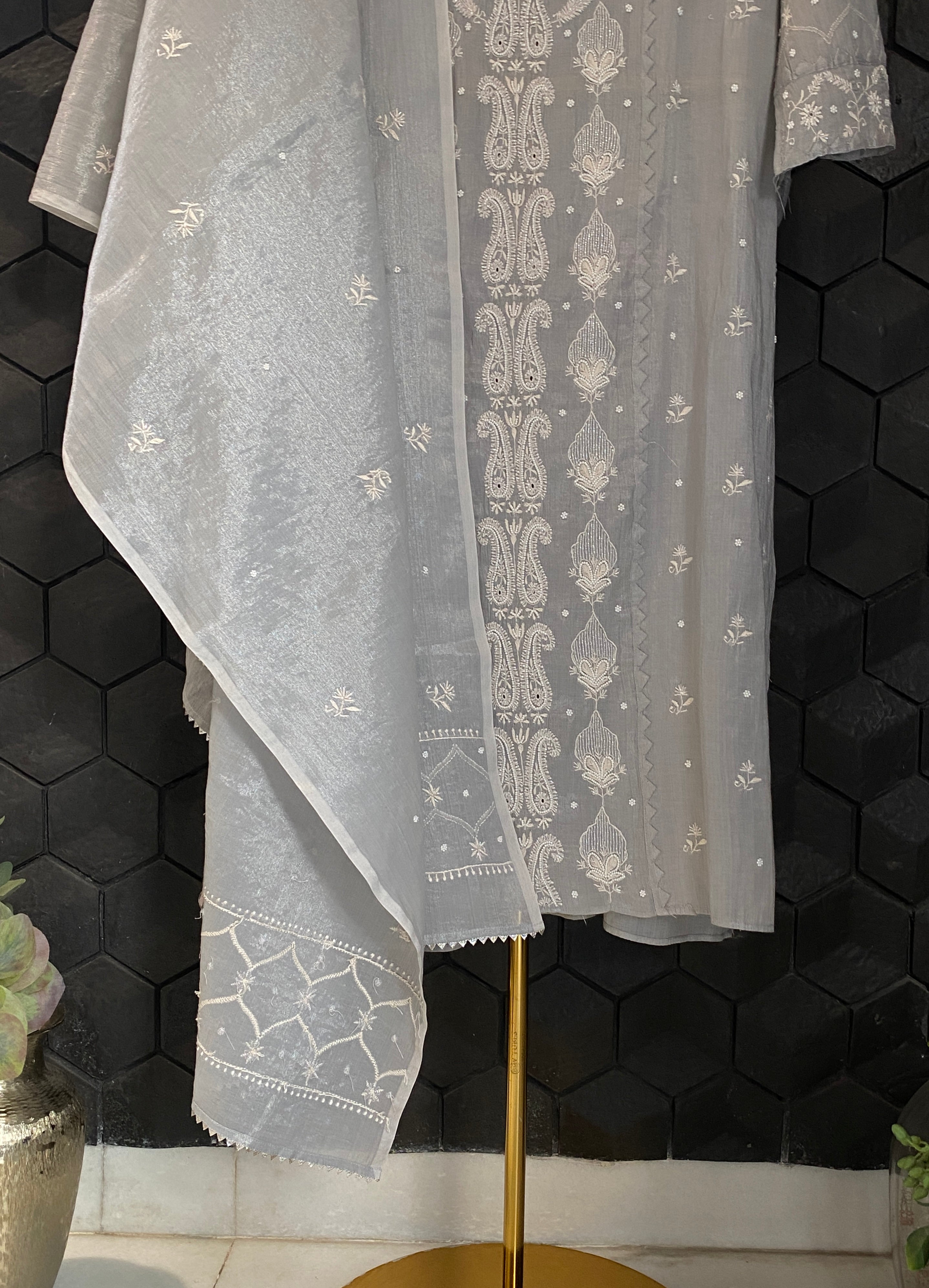Silver Tissue Chikankari Kurta Set