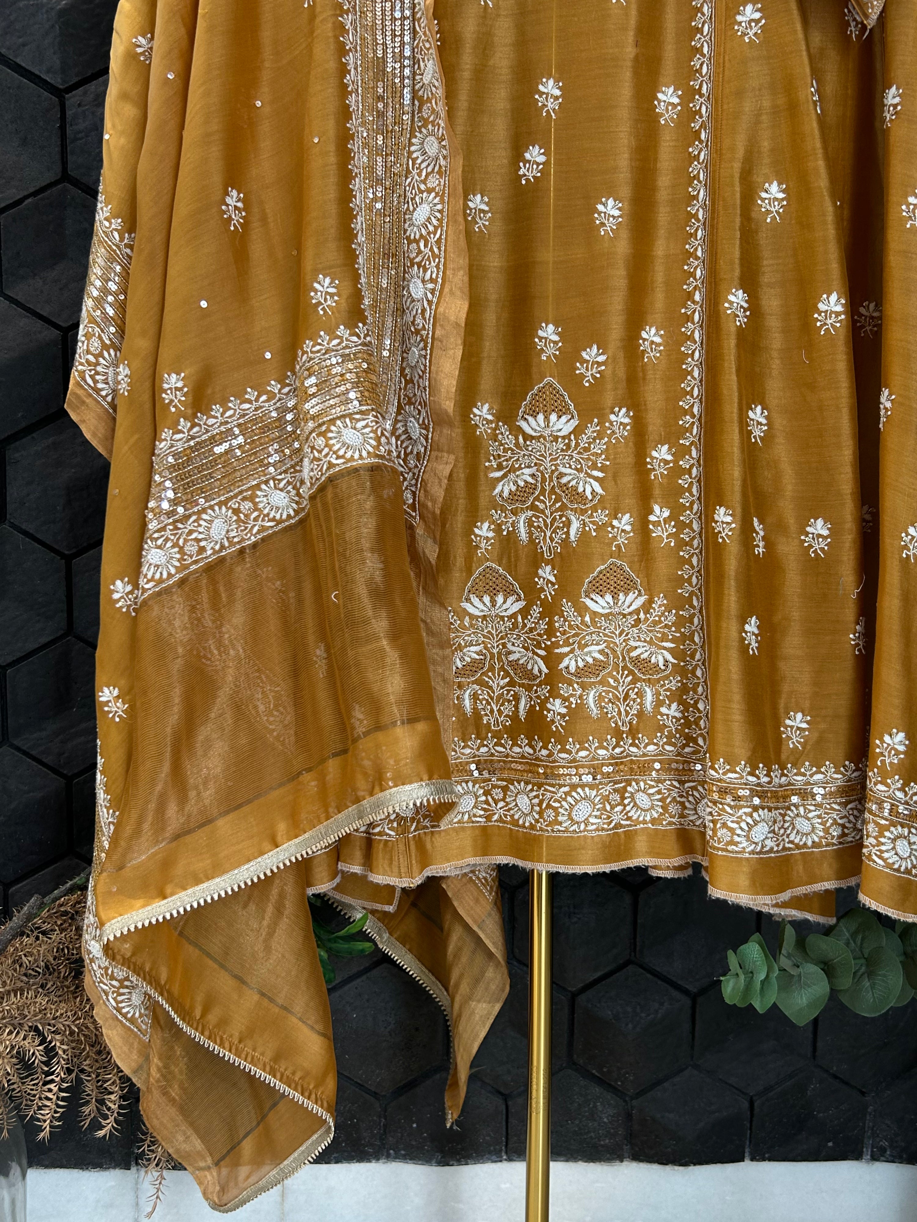 Mustard Chanderi Chikankari Anarkali With Heavy Front And Back Jaali Work