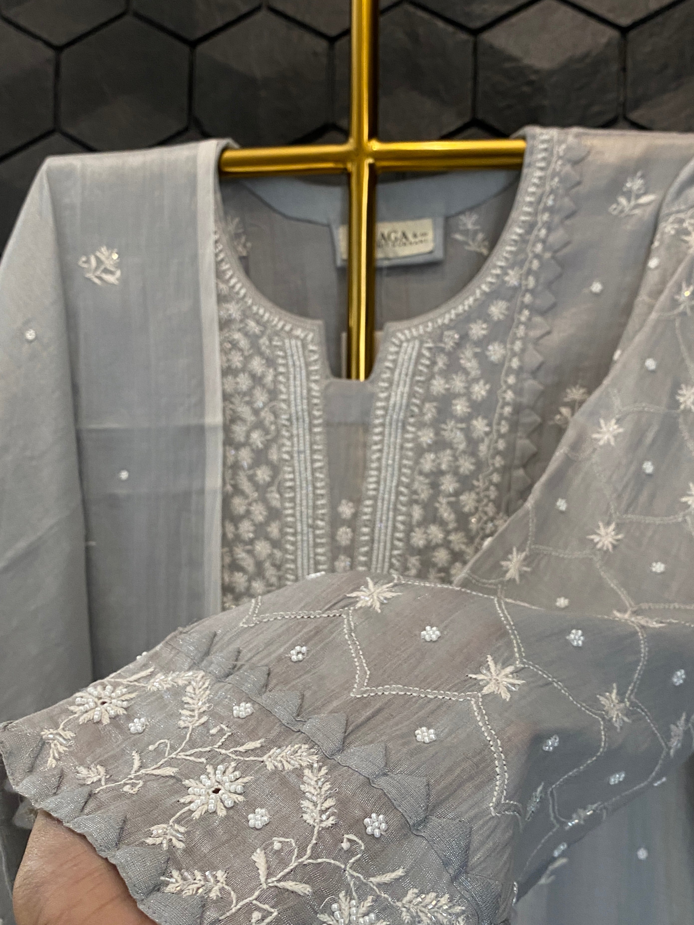 Silver Tissue Chikankari Kurta Set