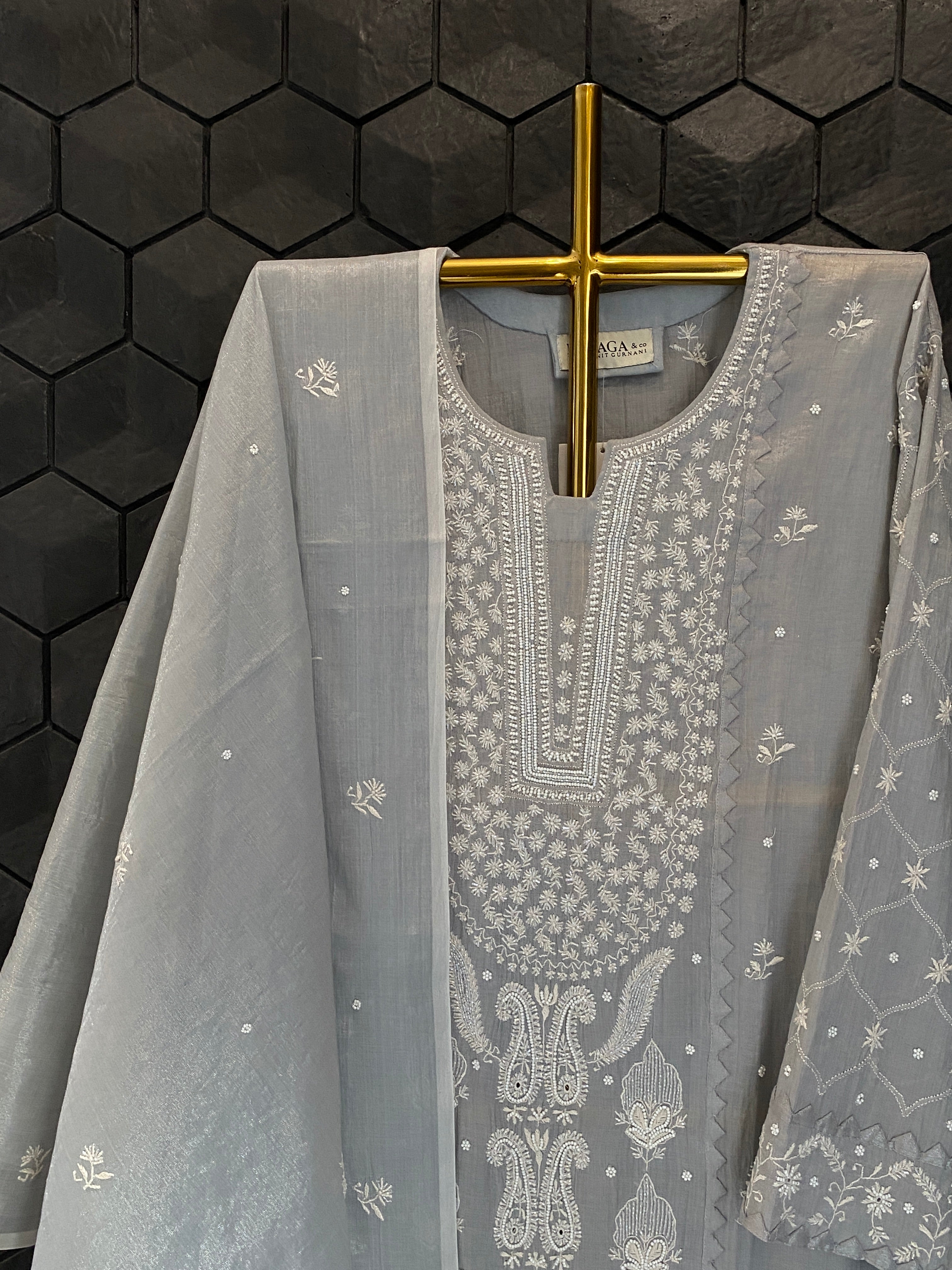 Silver Tissue Chikankari Kurta Set