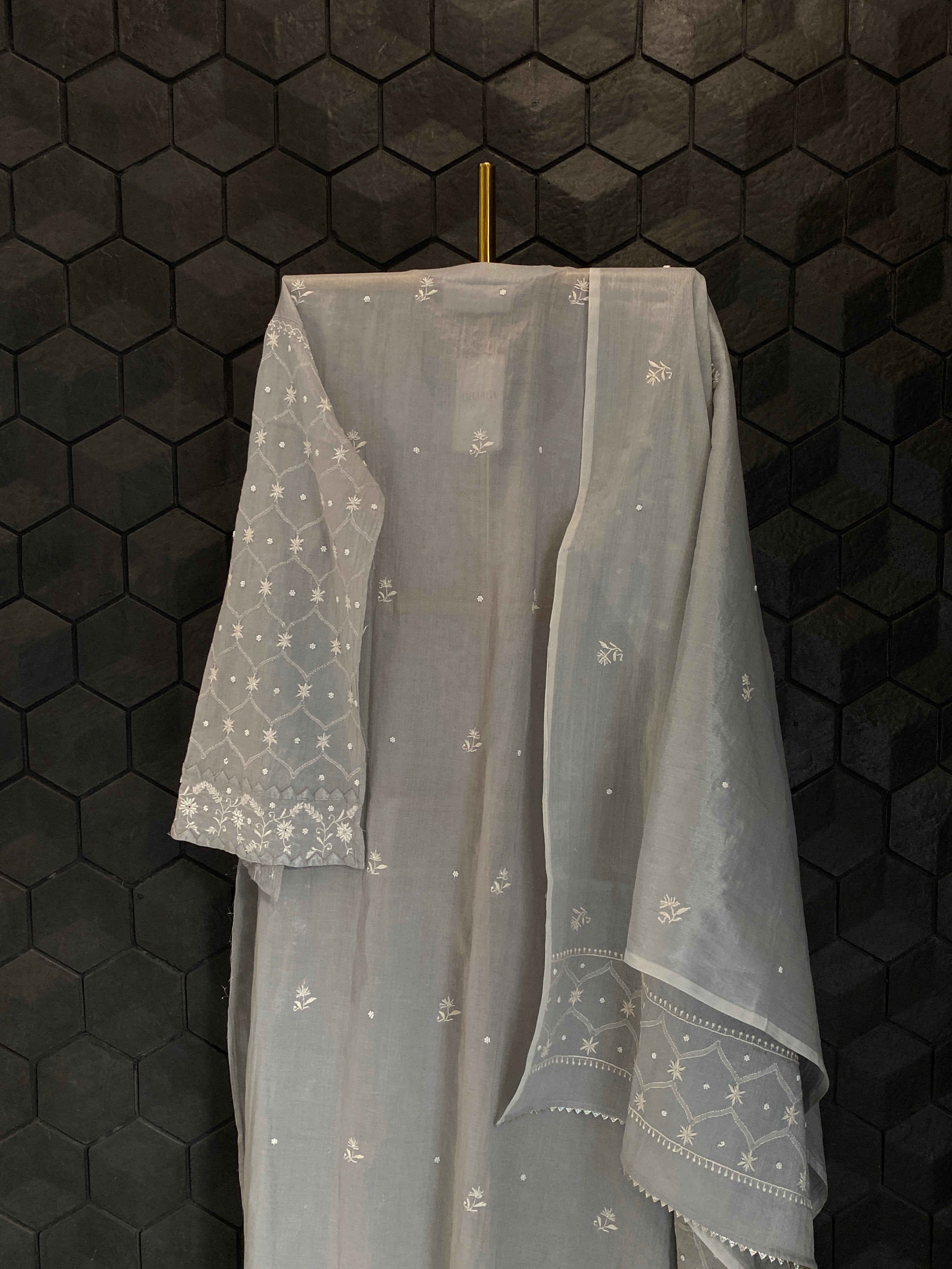 Silver Tissue Chikankari Kurta Set