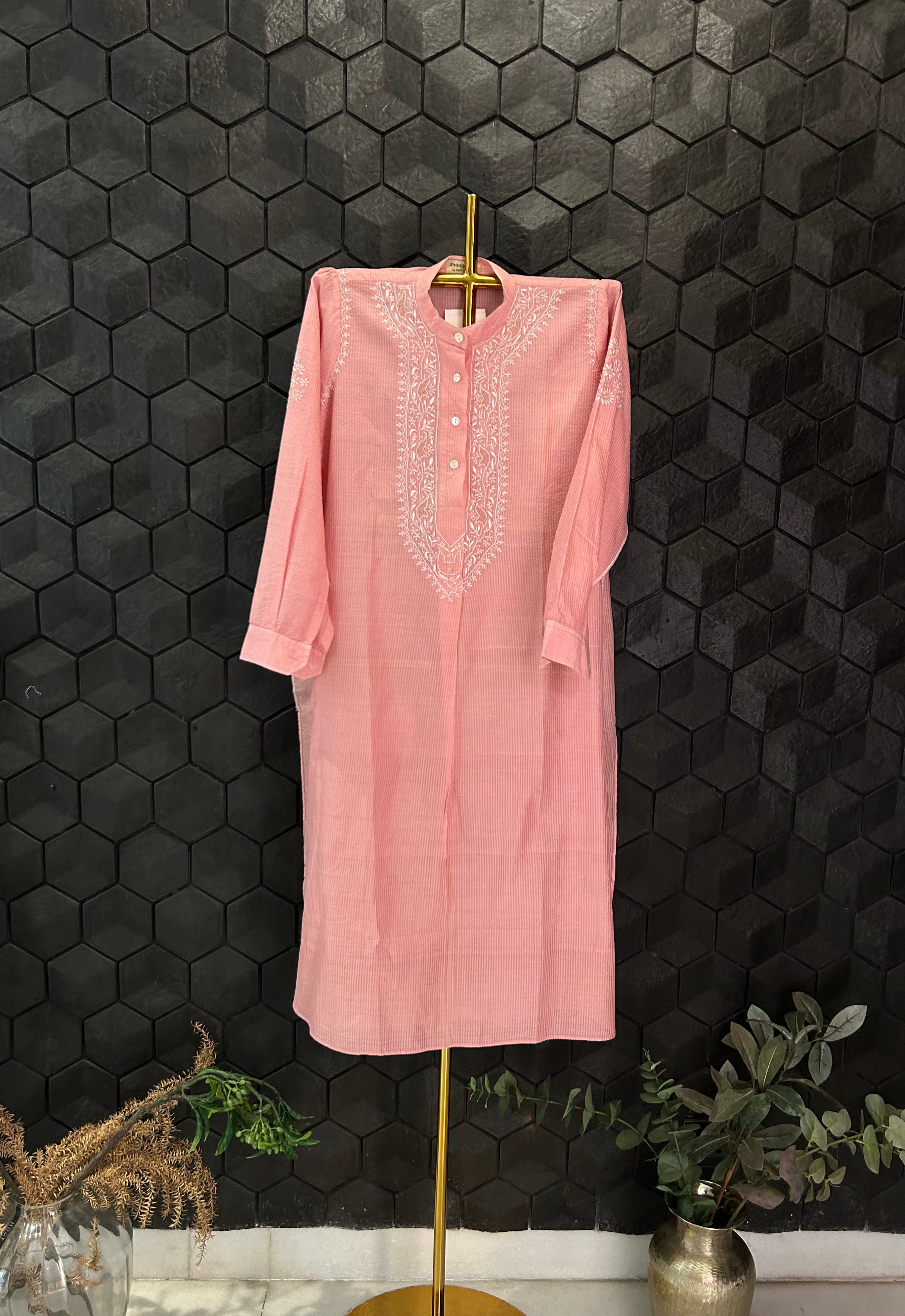 Pink Chanderi Striped Handloom Chikankari Kurta