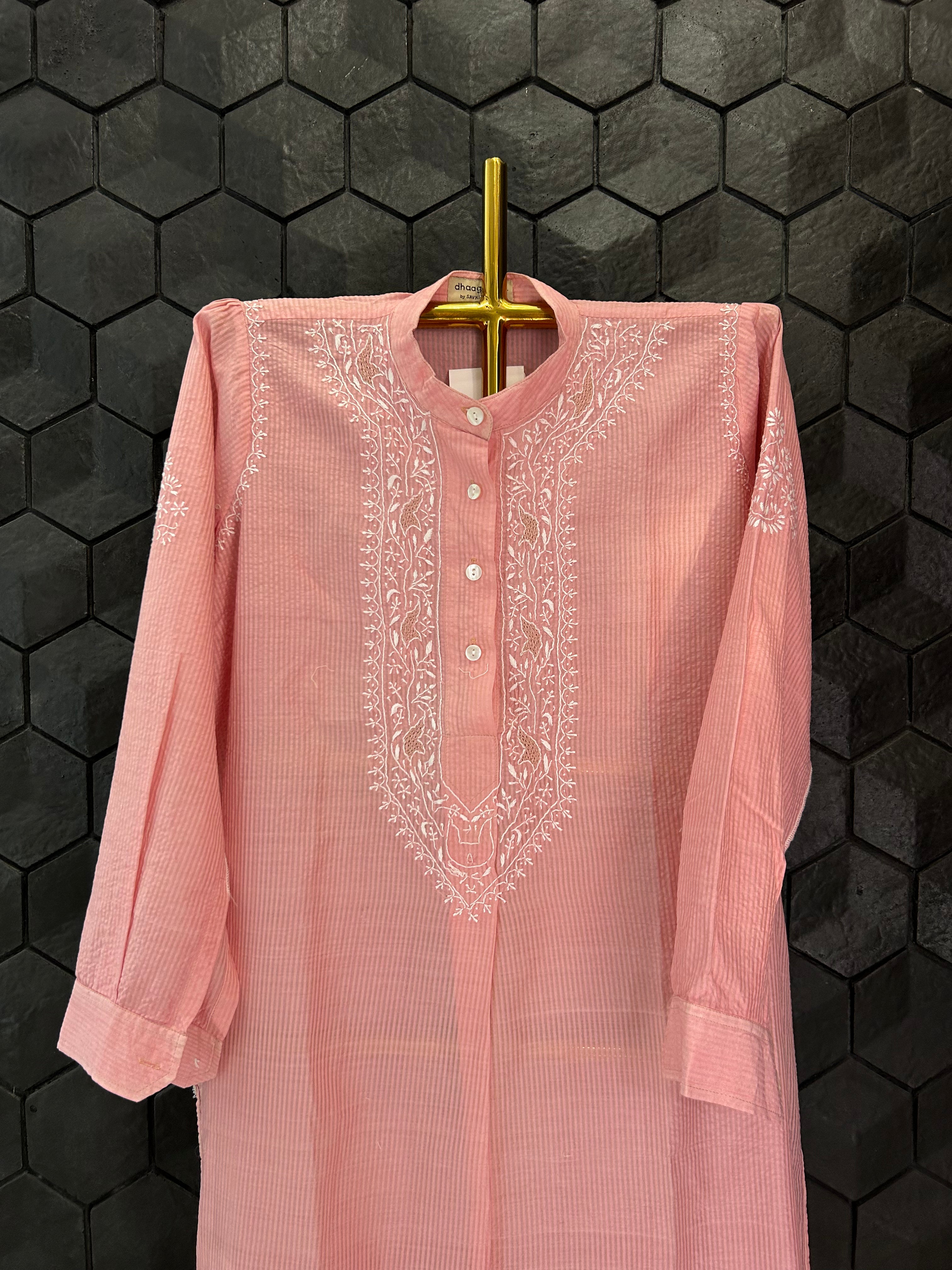 Pink Chanderi Striped Handloom Chikankari Kurta