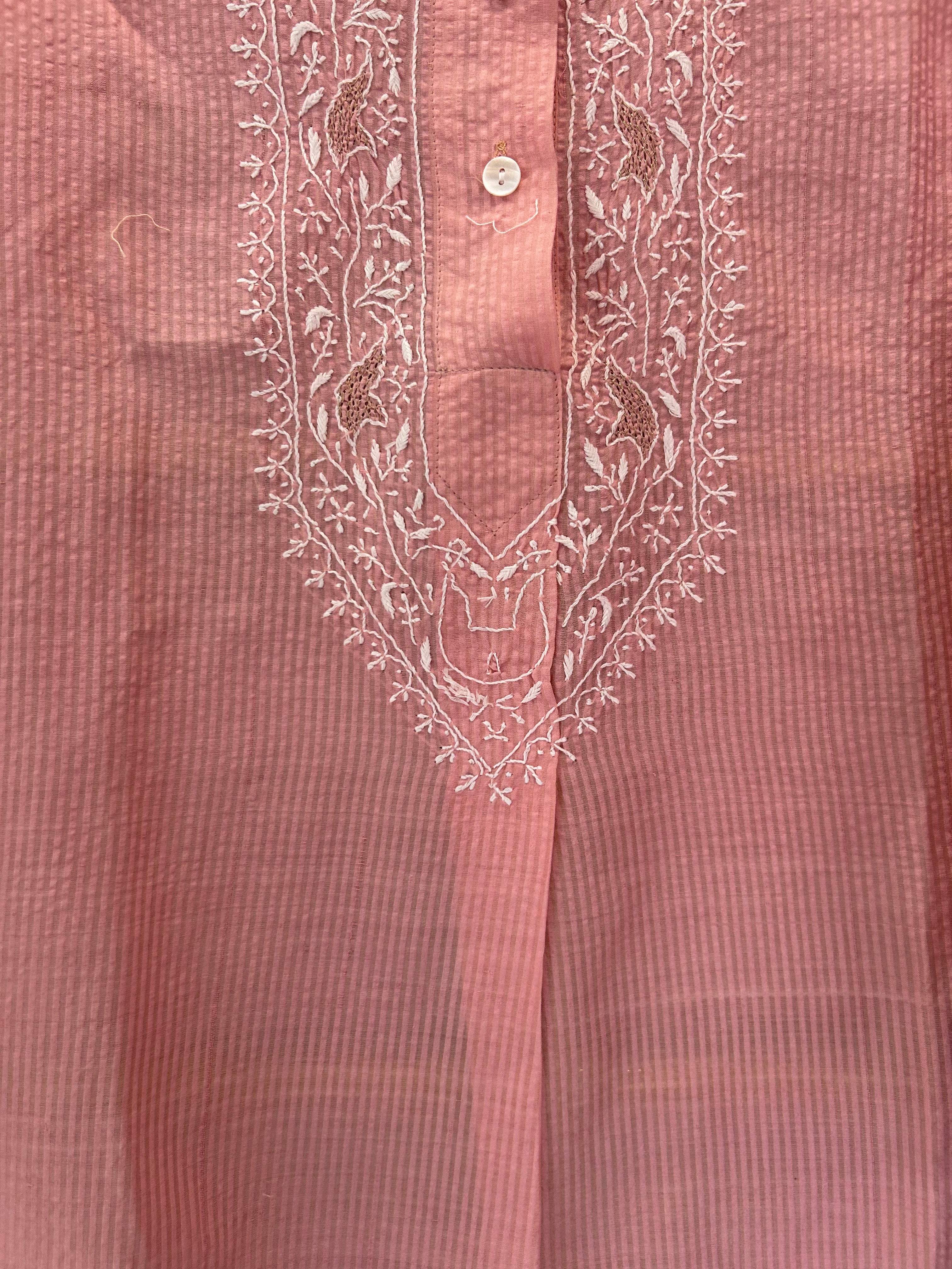 Pink Chanderi Striped Handloom Chikankari Kurta