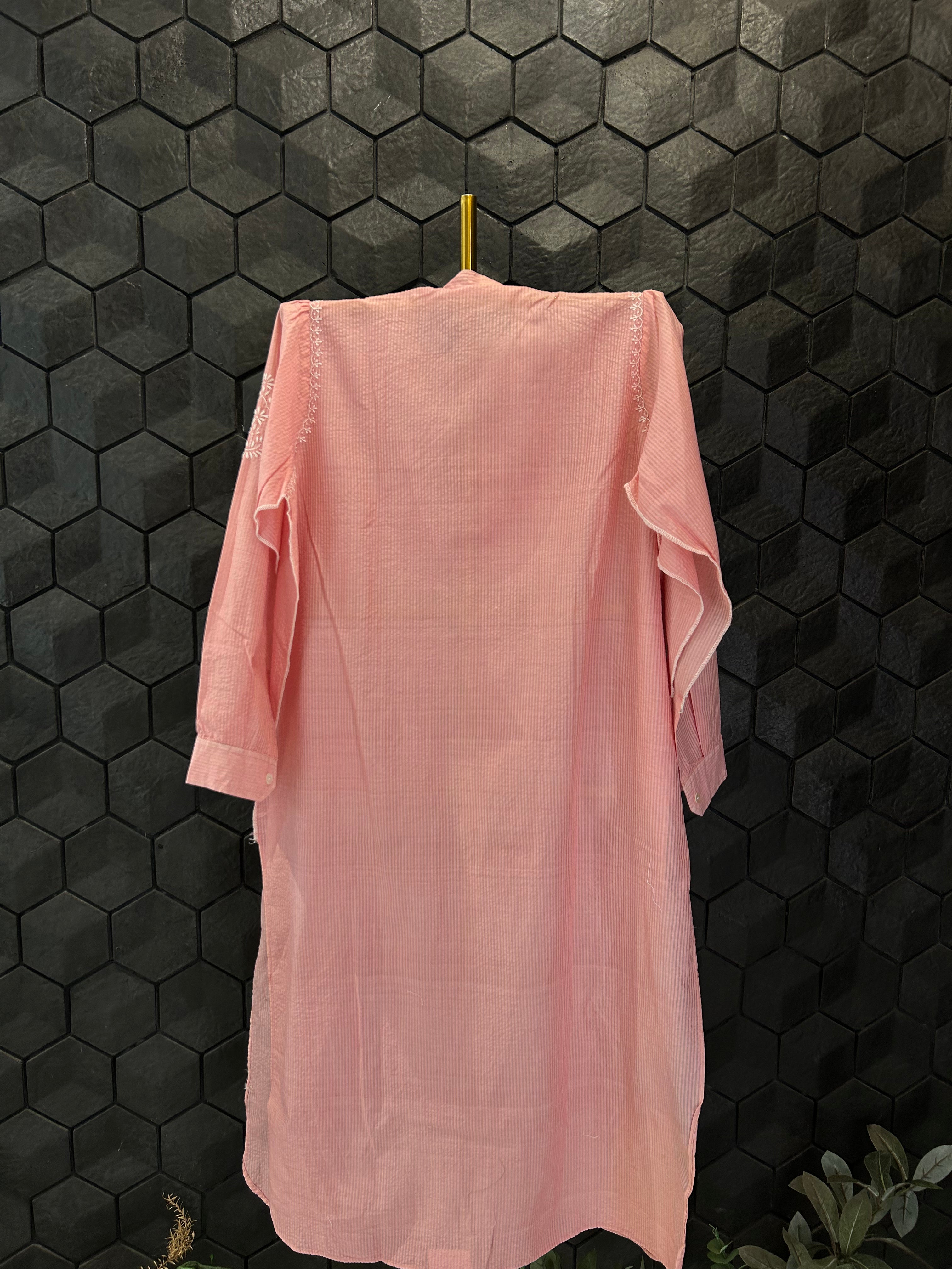 Pink Chanderi Striped Handloom Chikankari Kurta