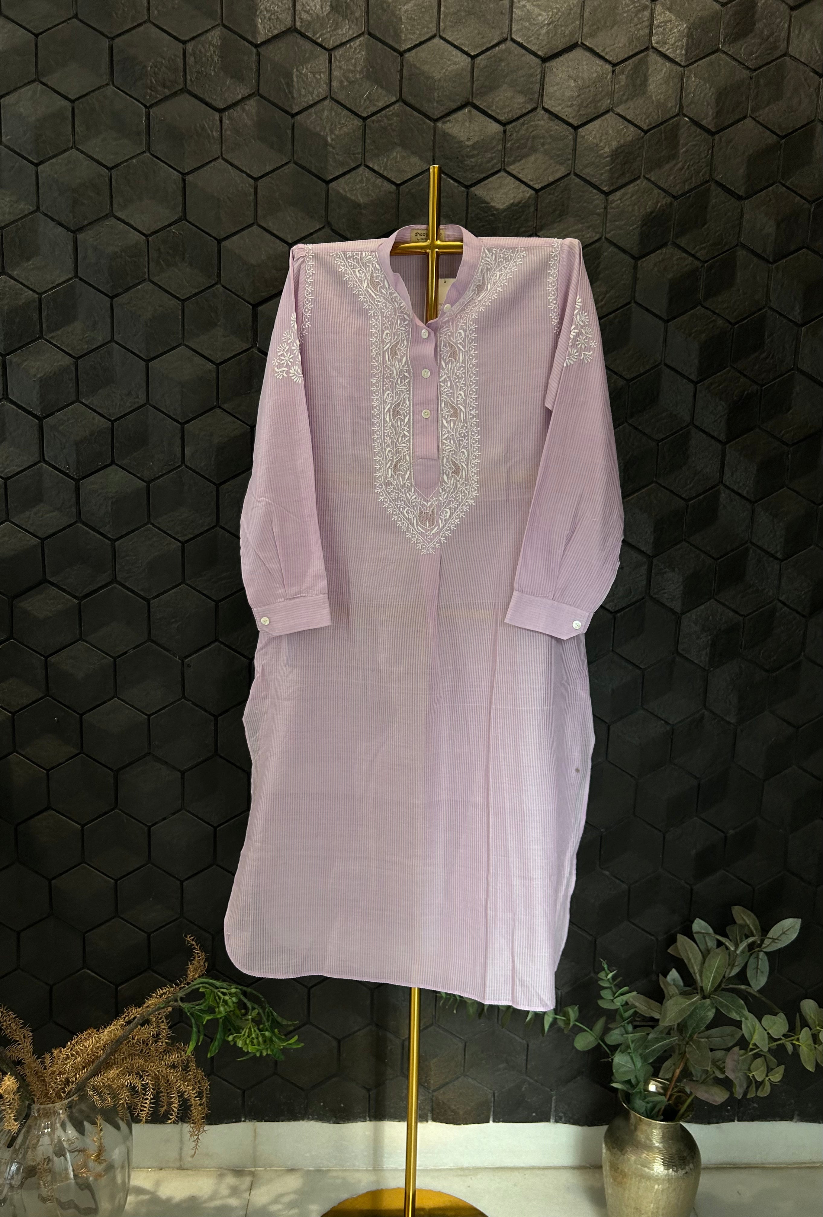 Lavender Chanderi Striped Handloom Chikankari Kurta