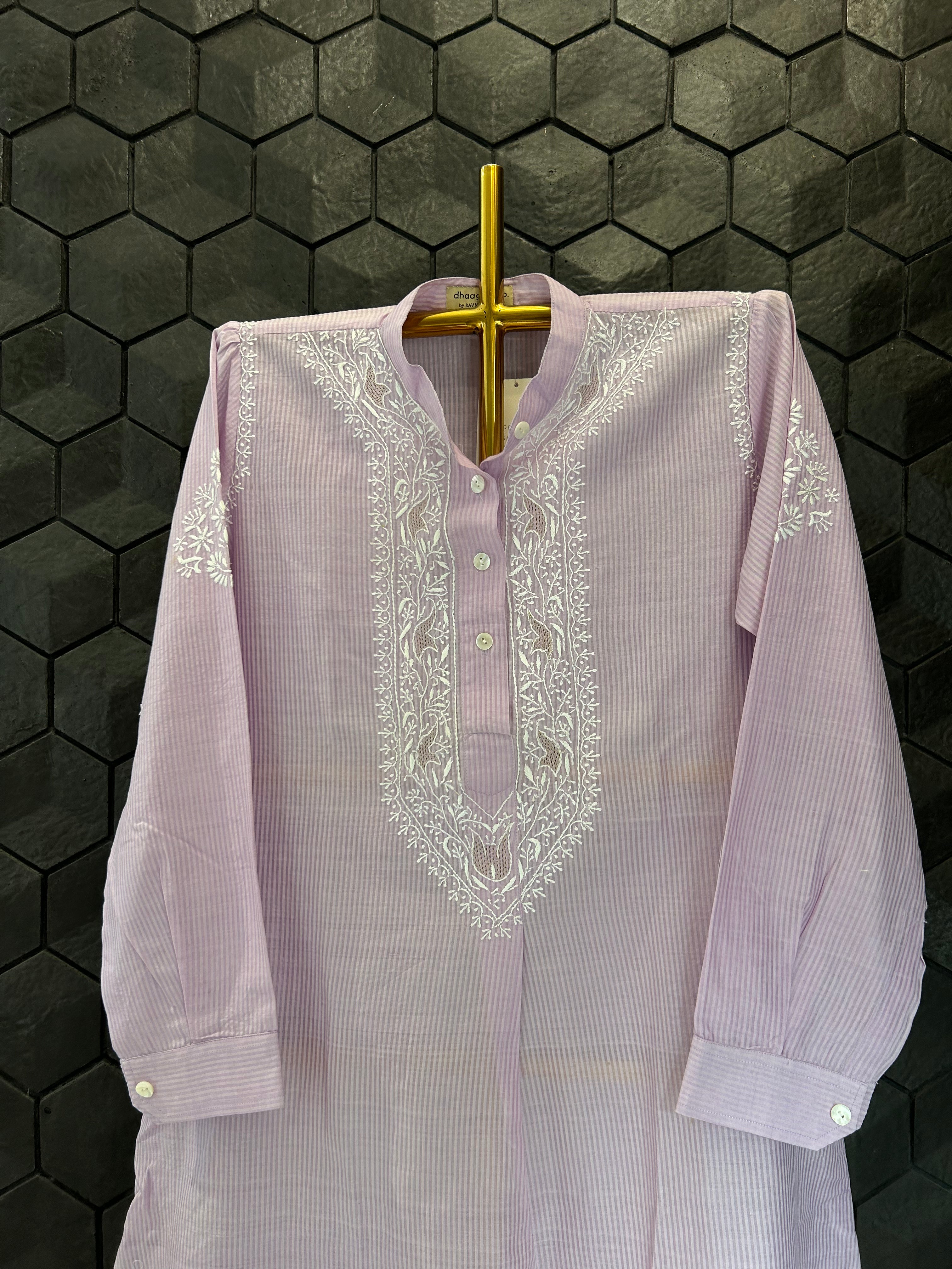 Lavender Chanderi Striped Handloom Chikankari Kurta