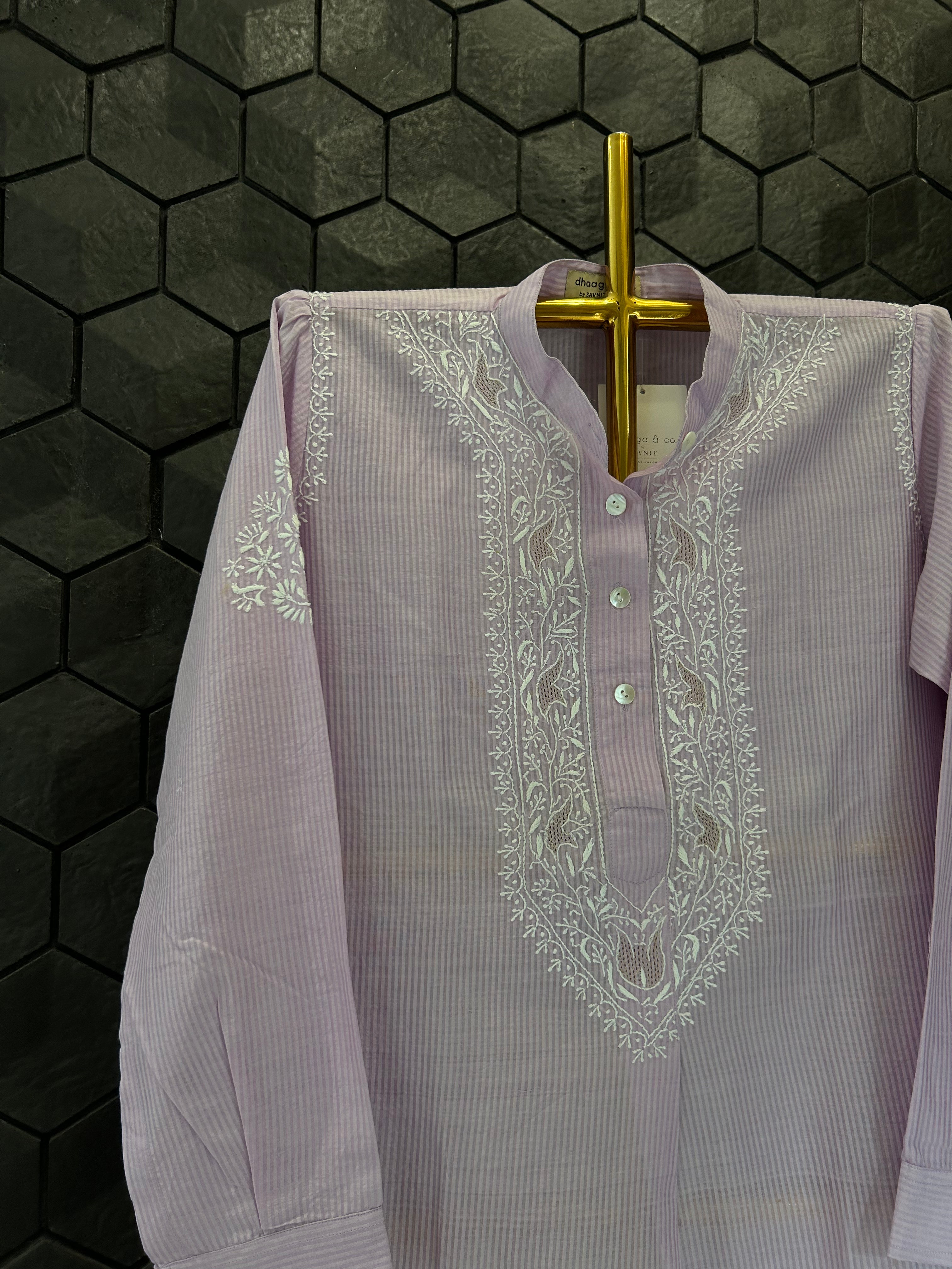 Lavender Chanderi Striped Handloom Chikankari Kurta