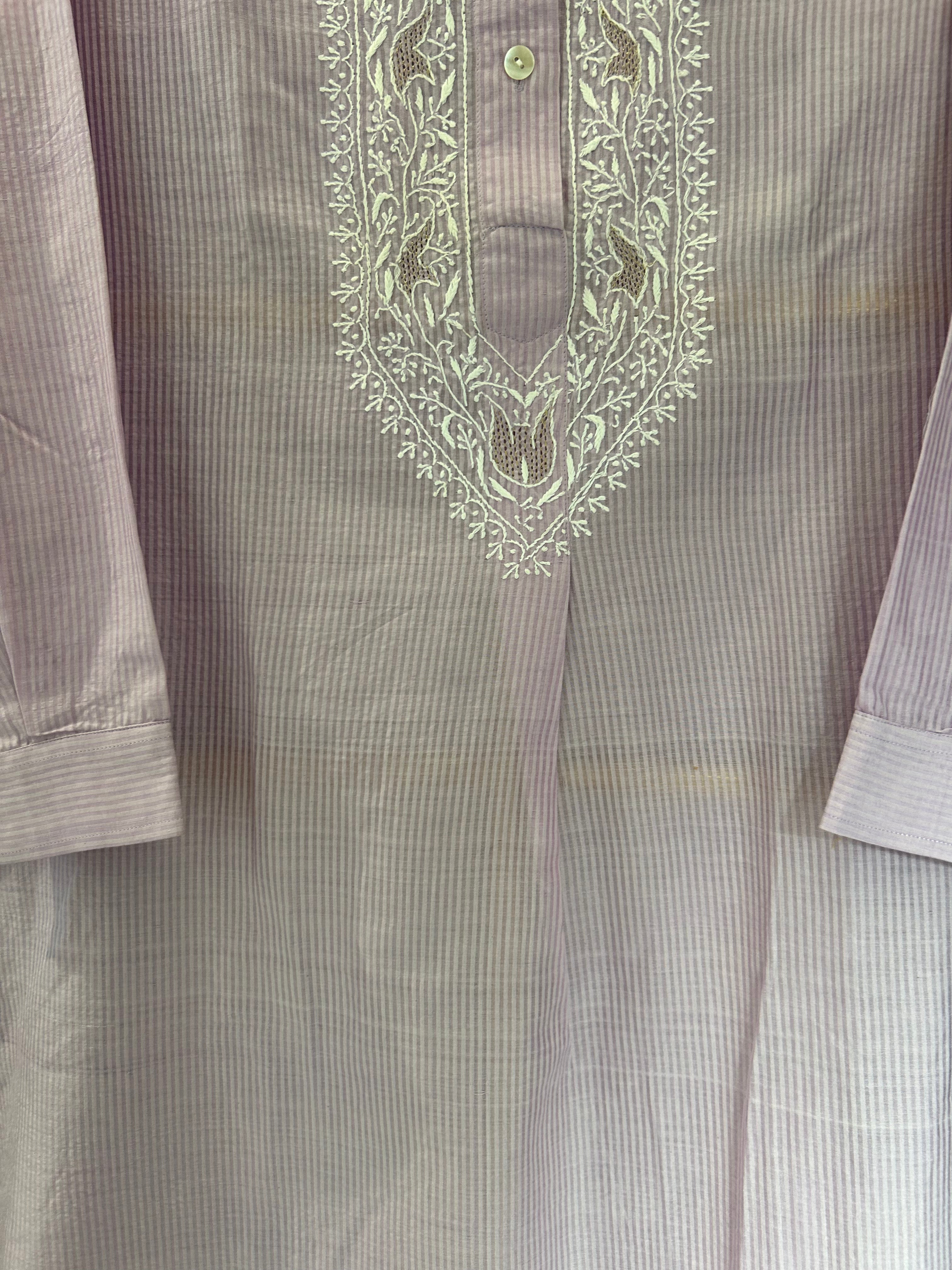 Lavender Chanderi Striped Handloom Chikankari Kurta